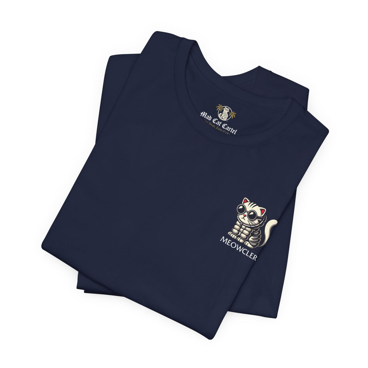 Meowcler Mini Puff Chest Graphic Cat T-Shirt in navy, folded