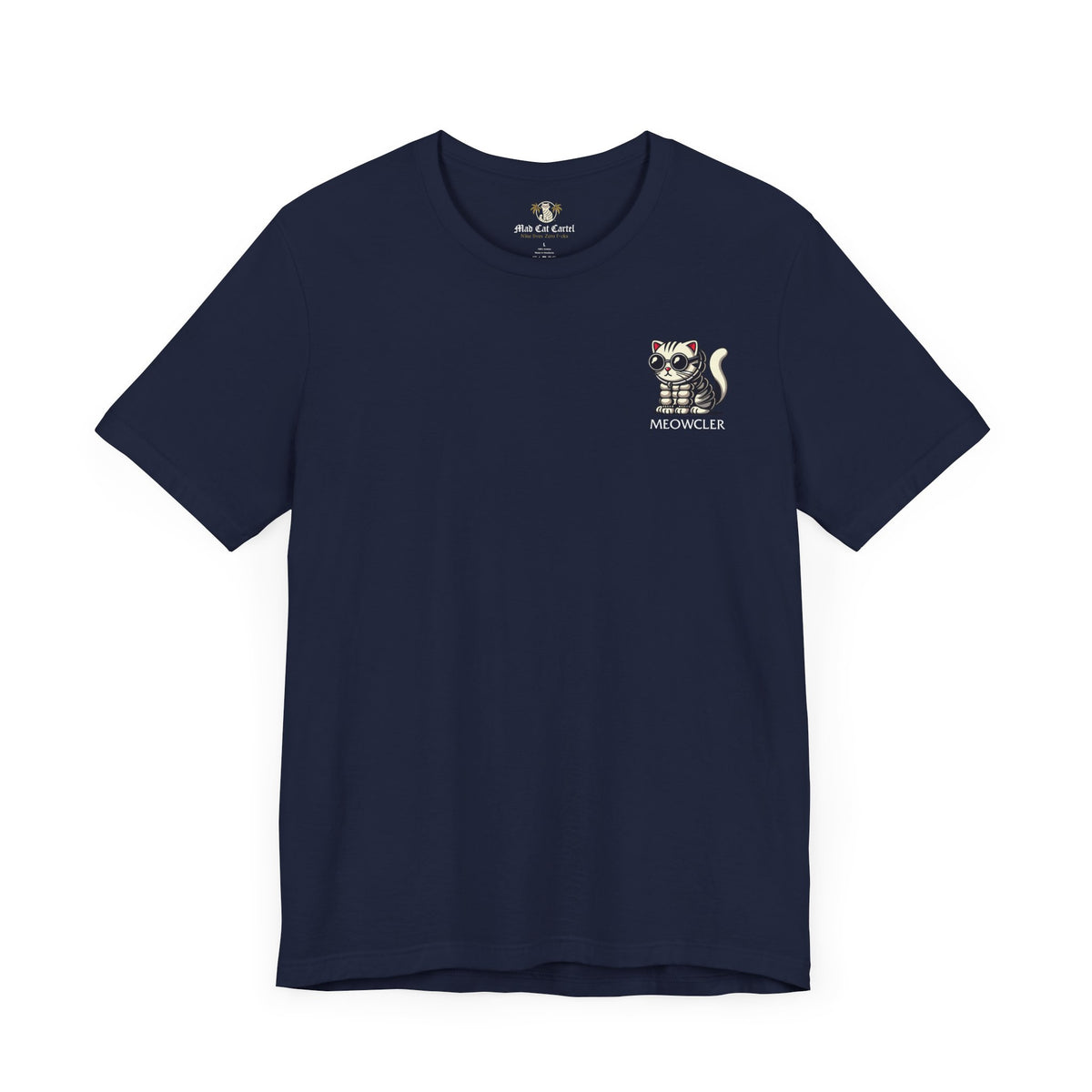 Meowcler Mini Puff Chest Graphic Cat T-Shirt in navy, front view