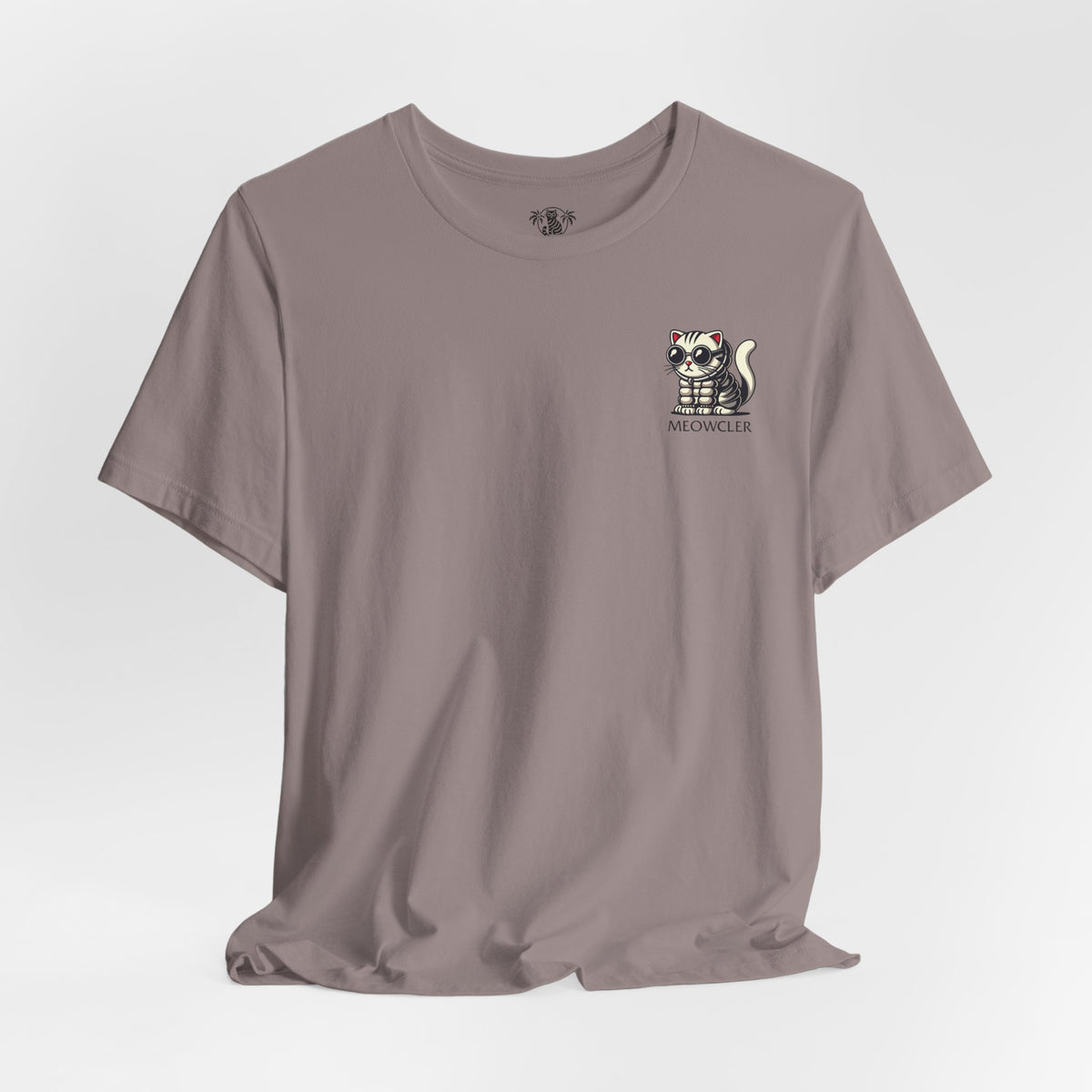 Meowcler Mini Puff Chest Graphic Cat T-Shirt in pebble brown, flat lay