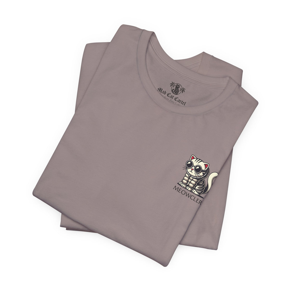 Meowcler Mini Puff Chest Graphic Cat T-Shirt in pebble brown, folded