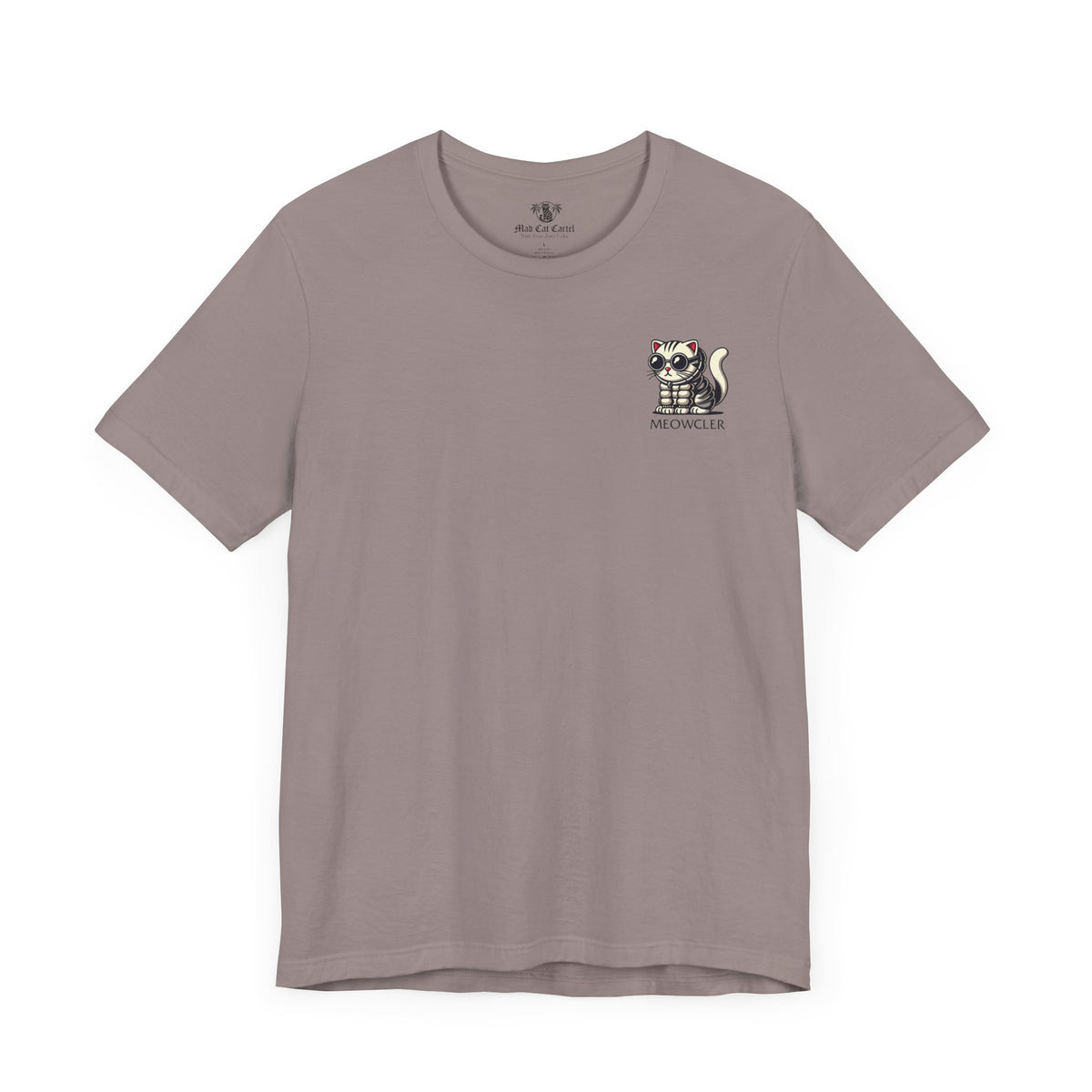 Meowcler Mini Puff Chest Graphic Cat T-Shirt in pebble brown, front view