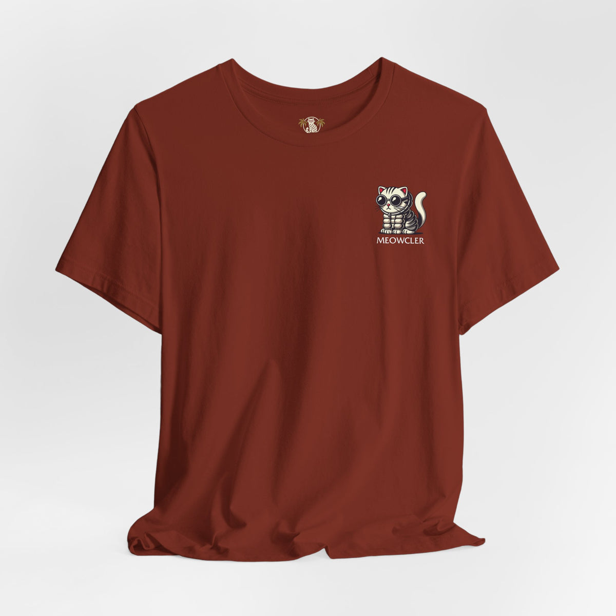 Meowcler Mini Puff Chest Graphic Cat T-Shirt in rust, flat lay
