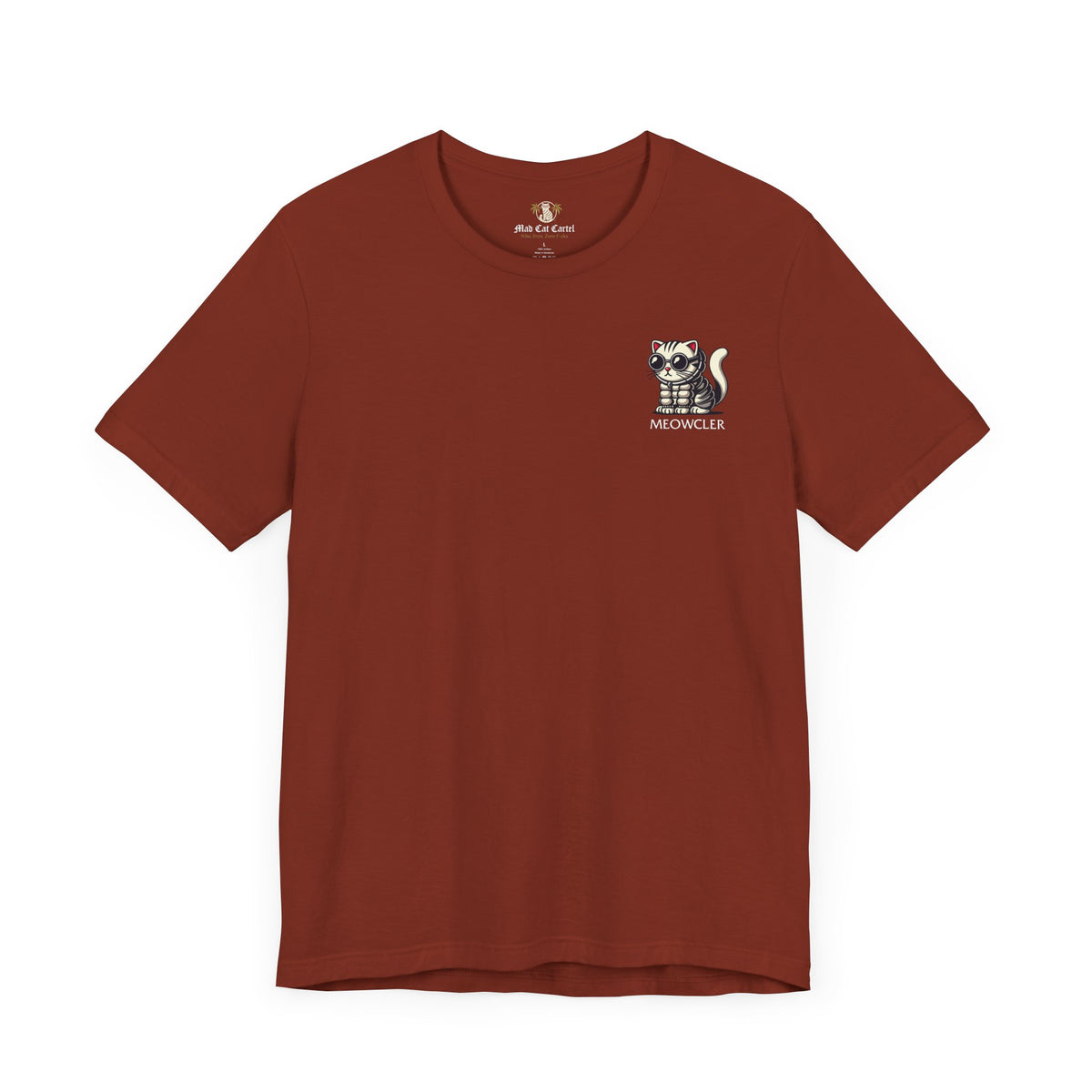 Meowcler Mini Puff Chest Graphic Cat T-Shirt in rust, front view