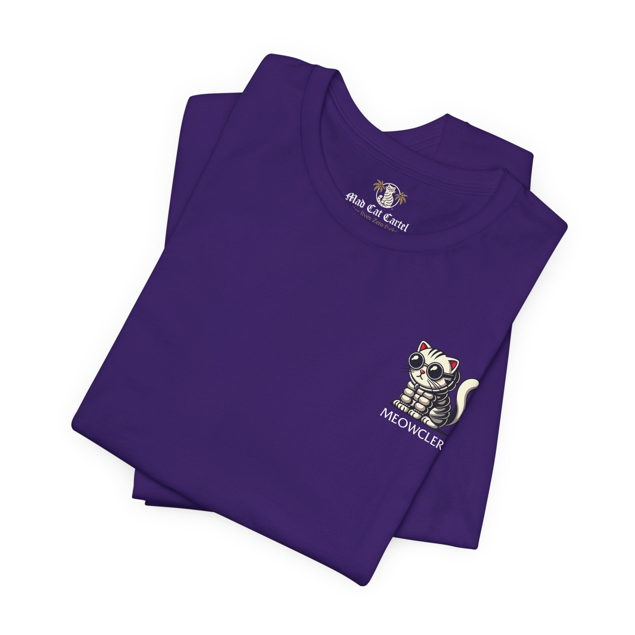 Meowcler Mini Puff Chest Graphic Cat T-Shirt in team purple, folded