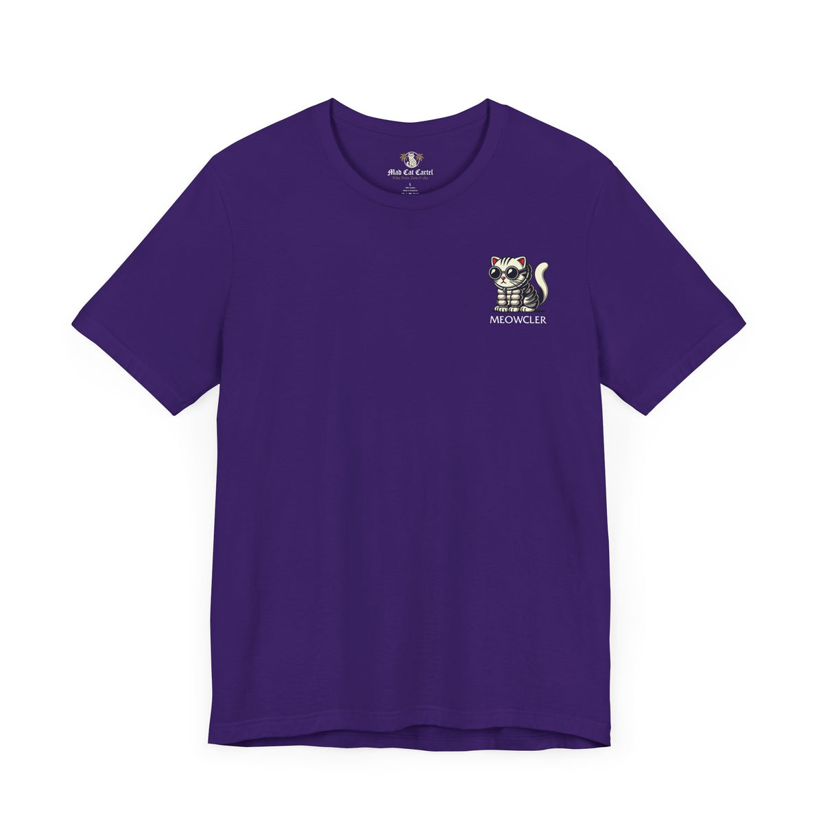 Meowcler Mini Puff Chest Graphic Cat T-Shirt in team purple, front view