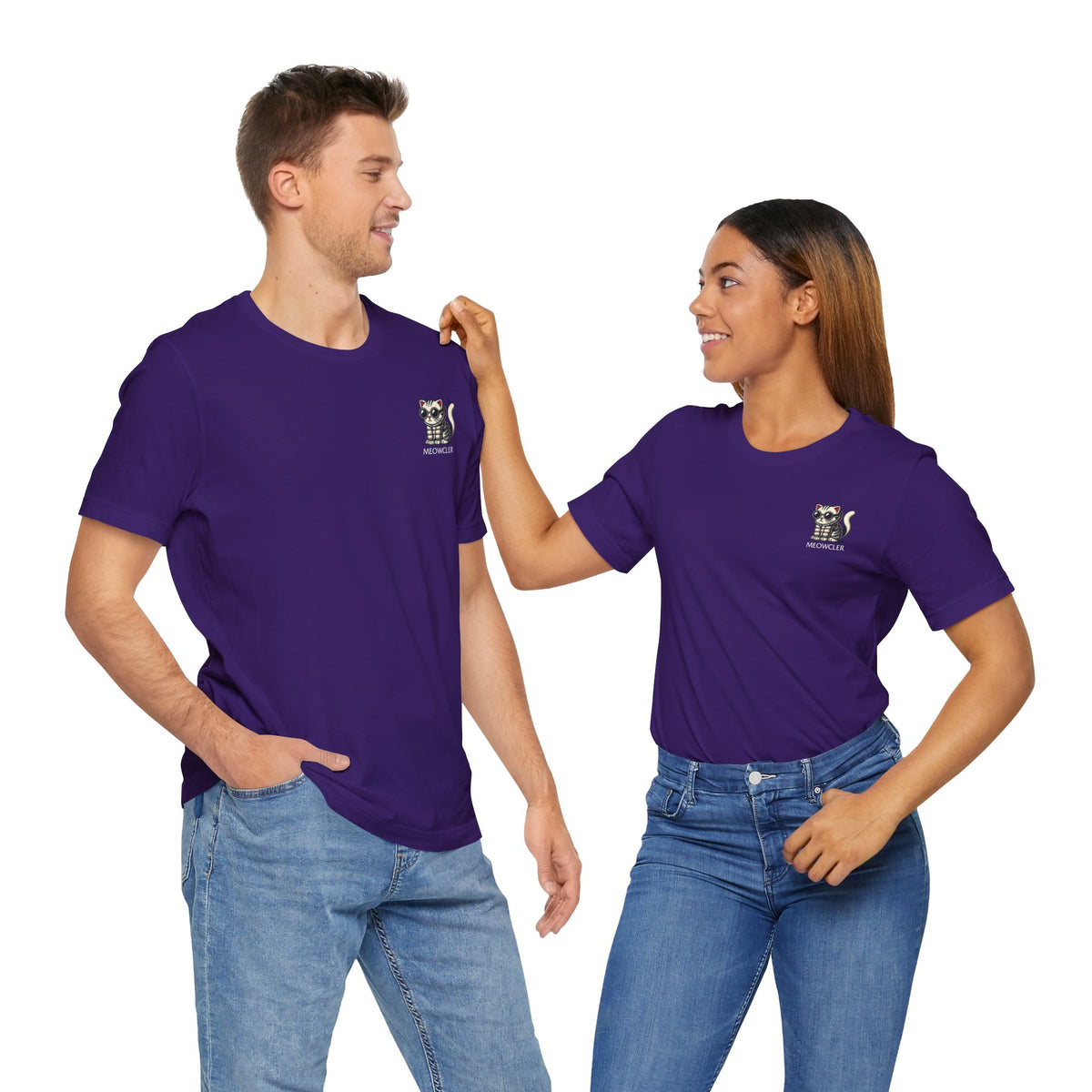 Meowcler Mini Puff Chest Graphic Cat T-Shirt in team purple, worn by two models
