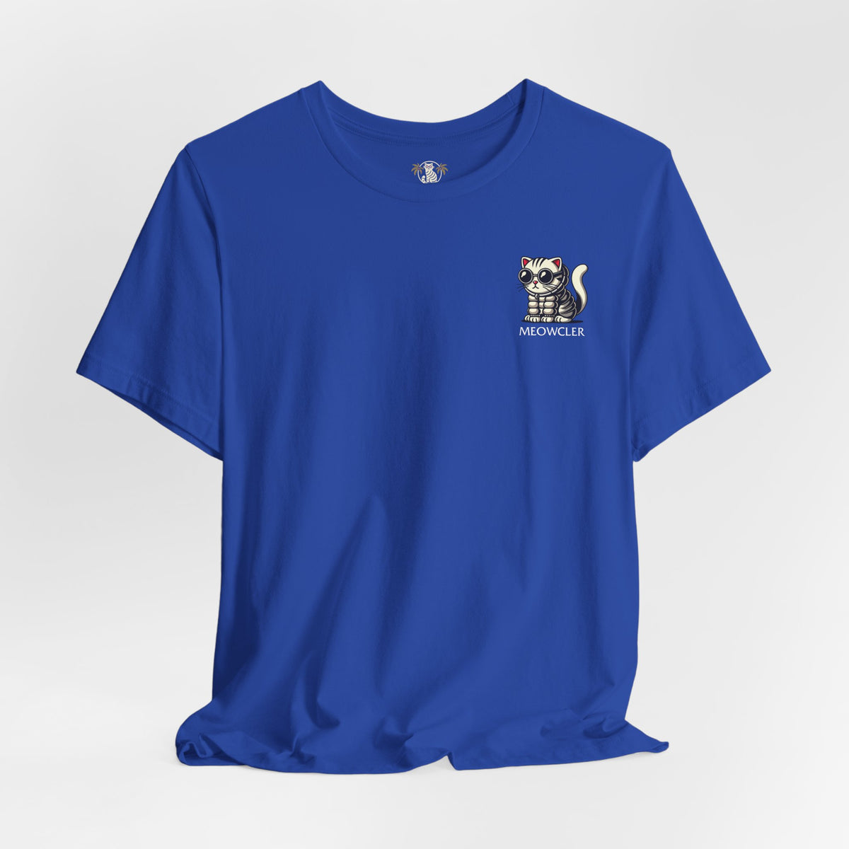 Meowcler Mini Puff Chest Graphic Cat T-Shirt in true royal, flat lay