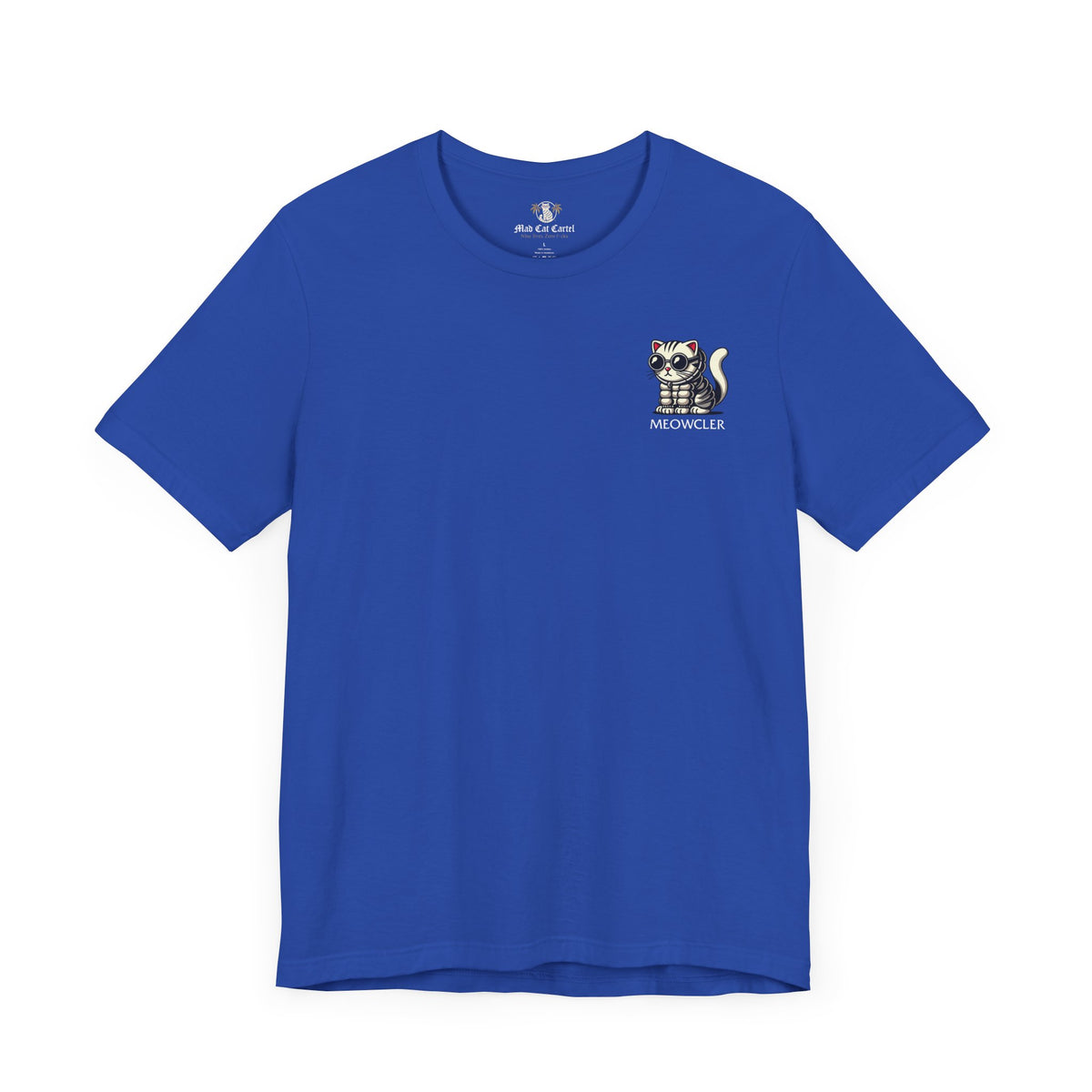 Meowcler Mini Puff Chest Graphic Cat T-Shirt in true royal, front view