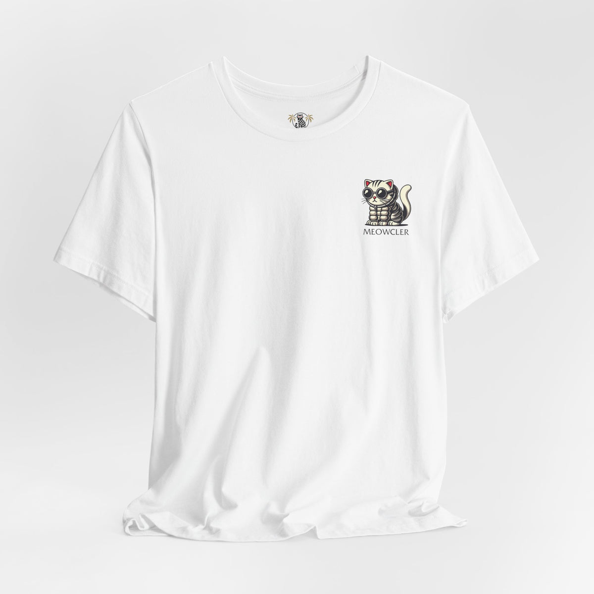 Meowcler Mini Puff Chest Graphic Cat T-Shirt in white, flat lay