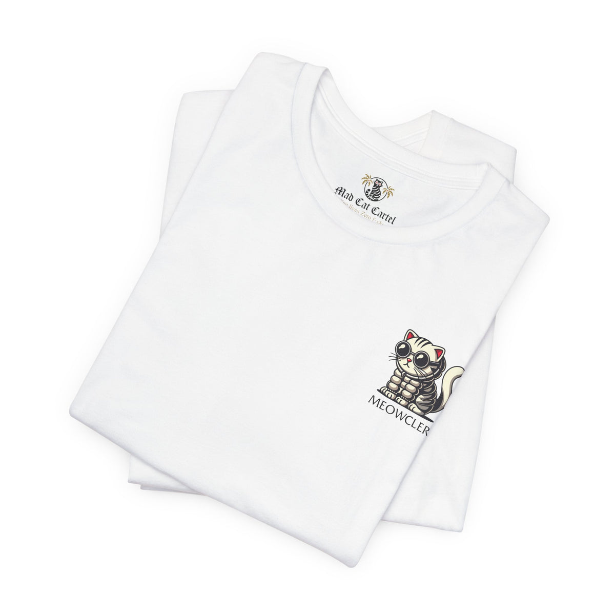 Meowcler Mini Puff Chest Graphic Cat T-Shirt in white, folded