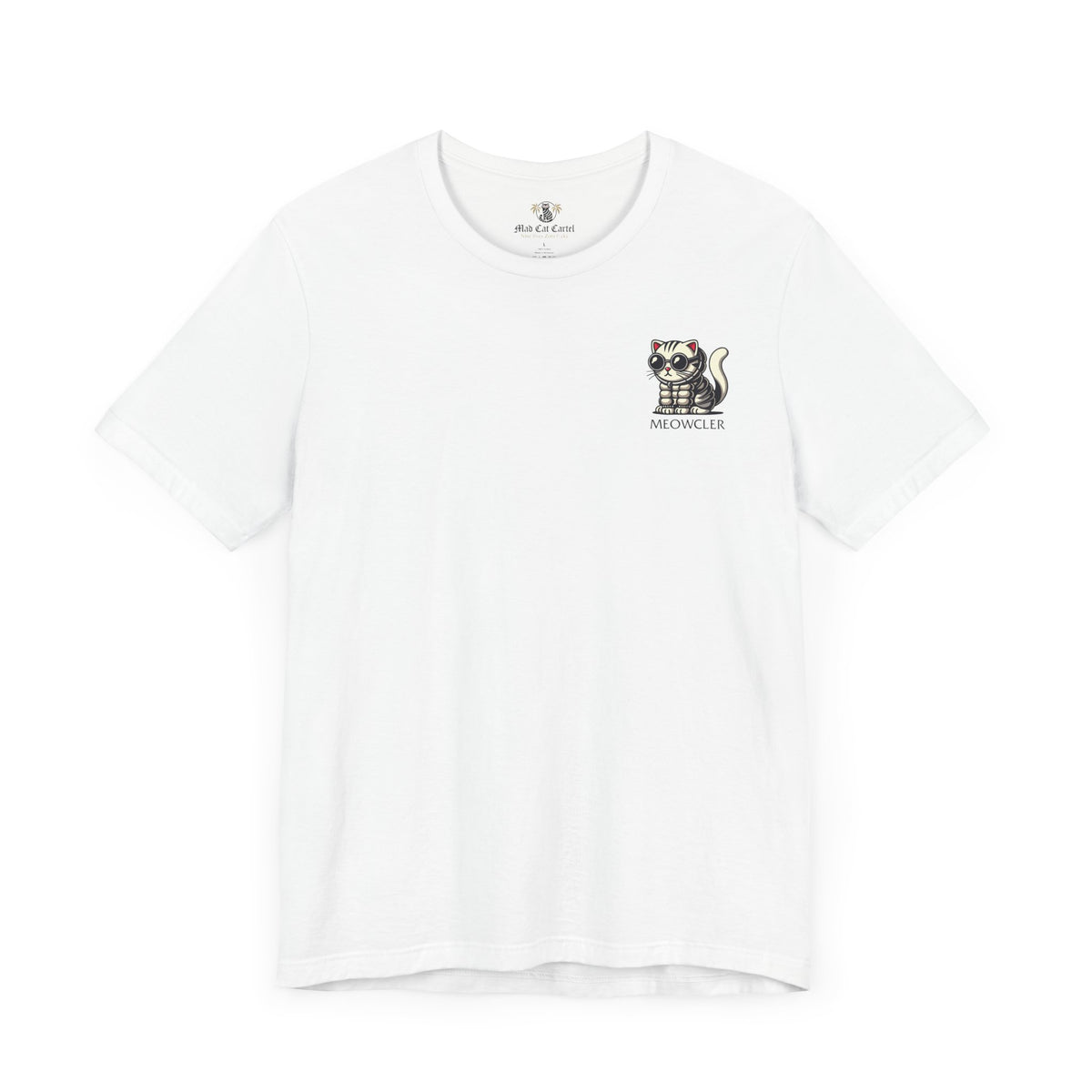 Meowcler Mini Puff Chest Graphic Cat T-Shirt in white, front view