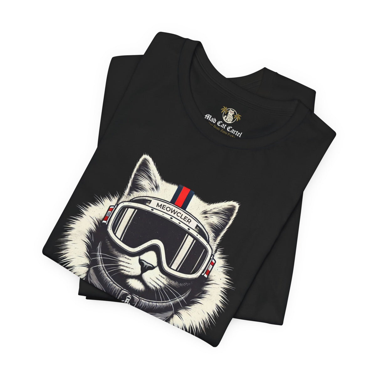 Meowcler Ski Cat Graphic Black T-Shirt, folded