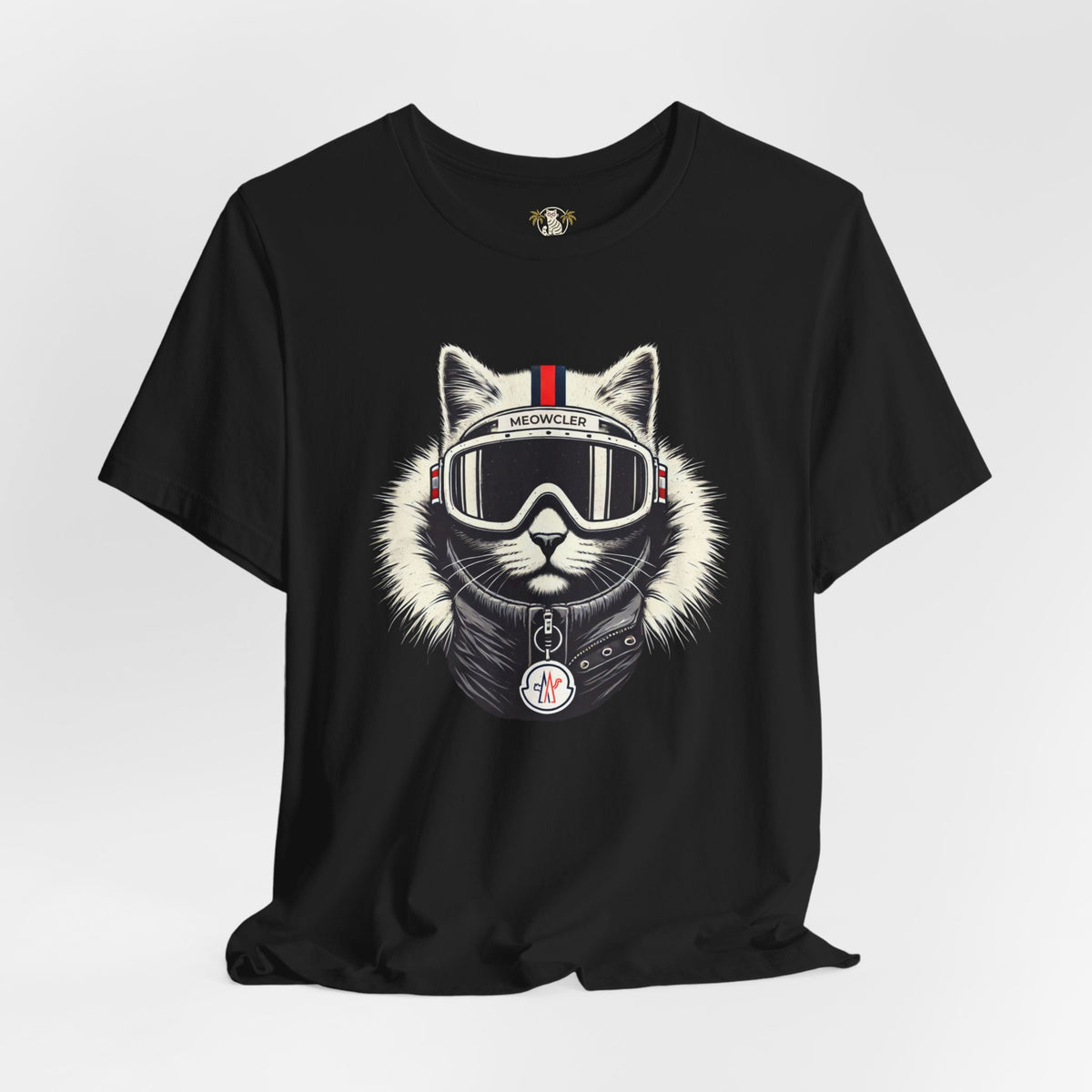 Meowcler Ski Cat Graphic Black T-Shirt, front view