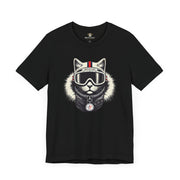 Meowcler Ski Cat Graphic Black T-Shirt, front view