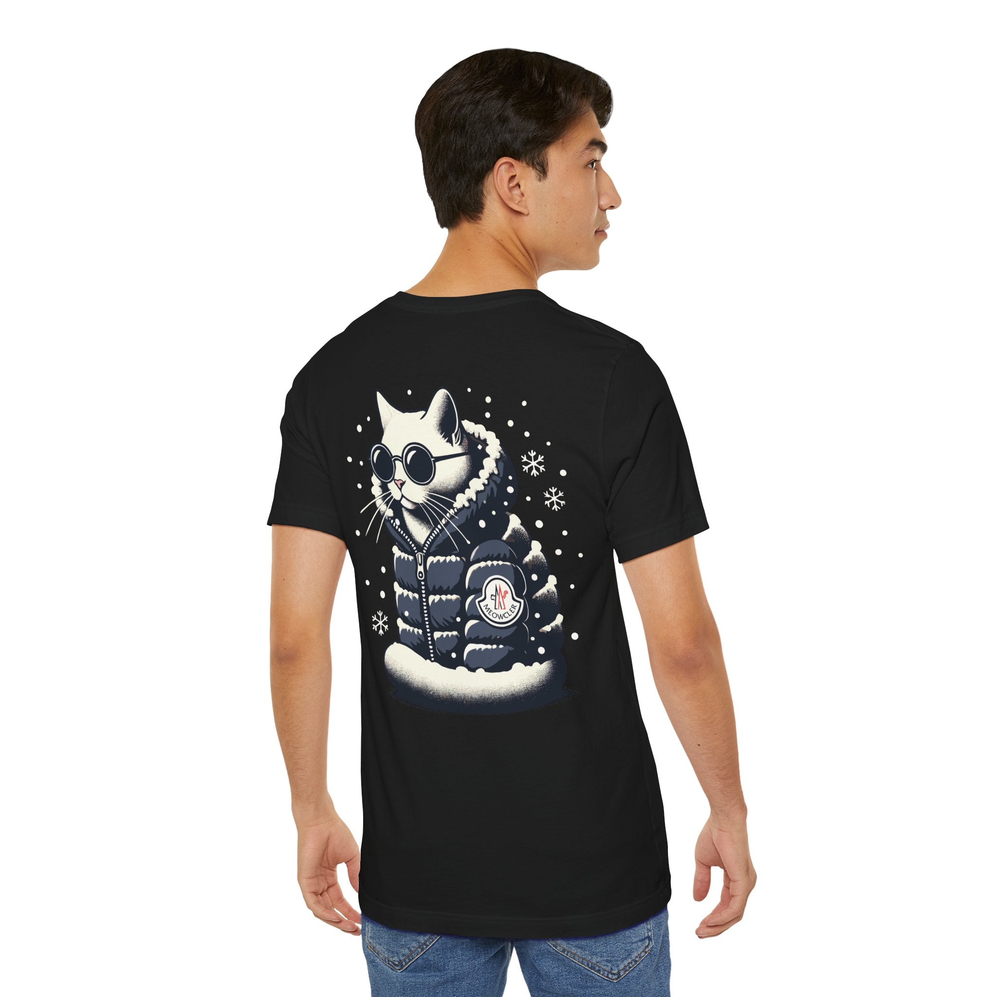 Meowcler Snowpuff Prestige Graphic T-Shirt in black, back view on a model