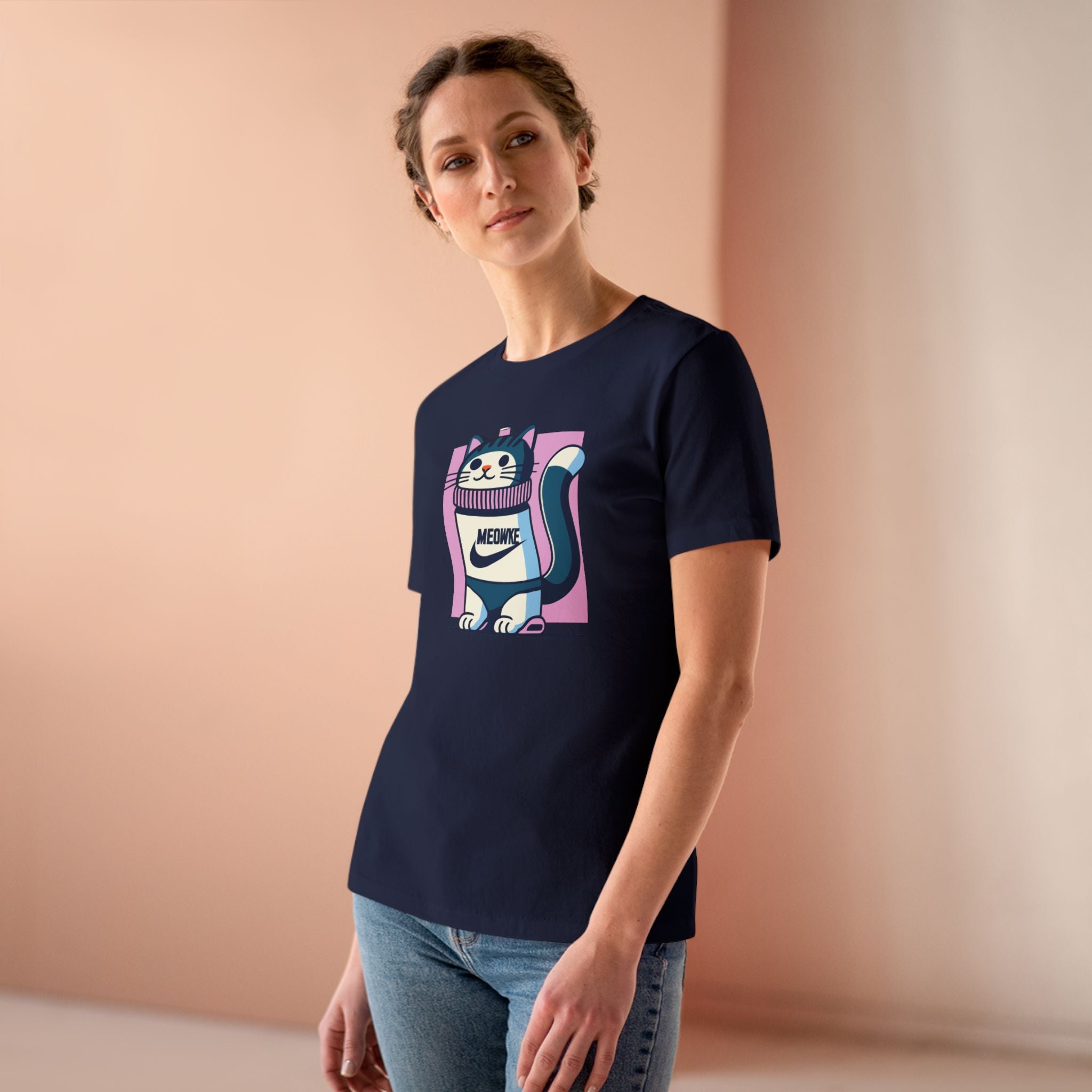 Meowke Cat Bottle Graphic Women's T-Shirt in navy, worn by a model