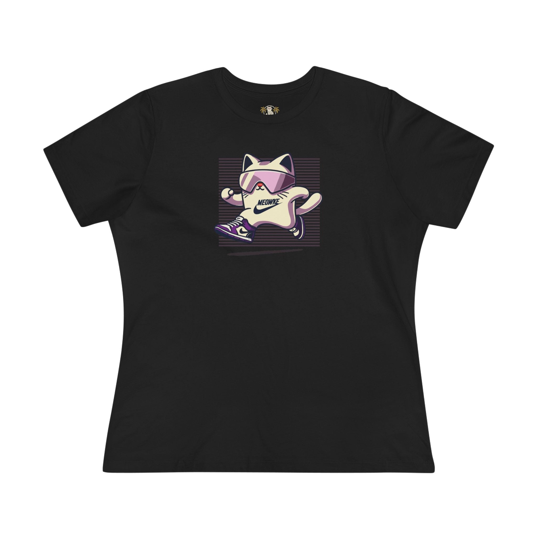 Meowke Cat Runner Graphic Women's T-Shirt in black, flat lay