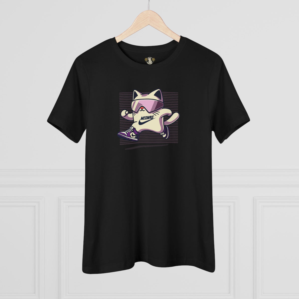 Meowke Cat Runner Graphic Women's T-Shirt in black, on a hanger