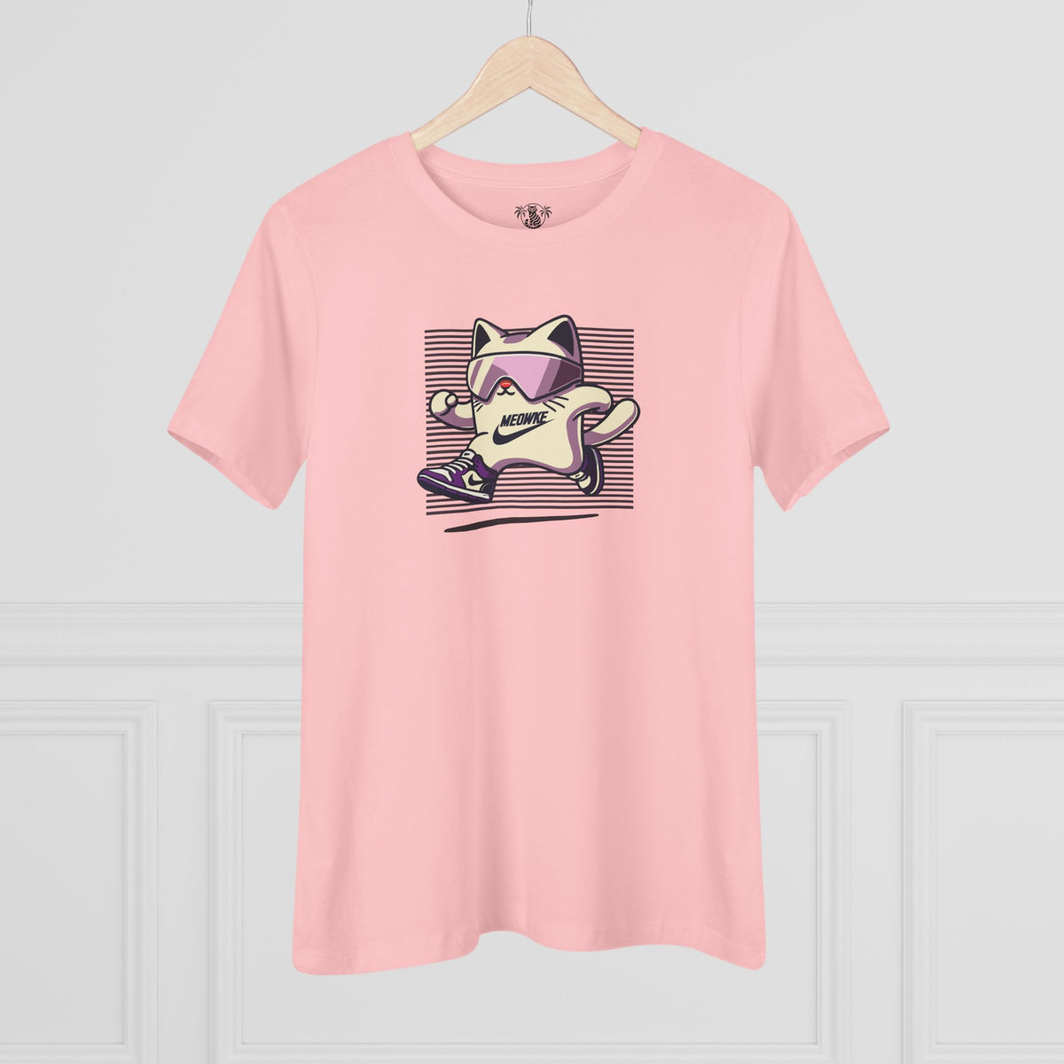 Meowke Cat Runner Graphic Women's T-Shirt in pink, on a hanger