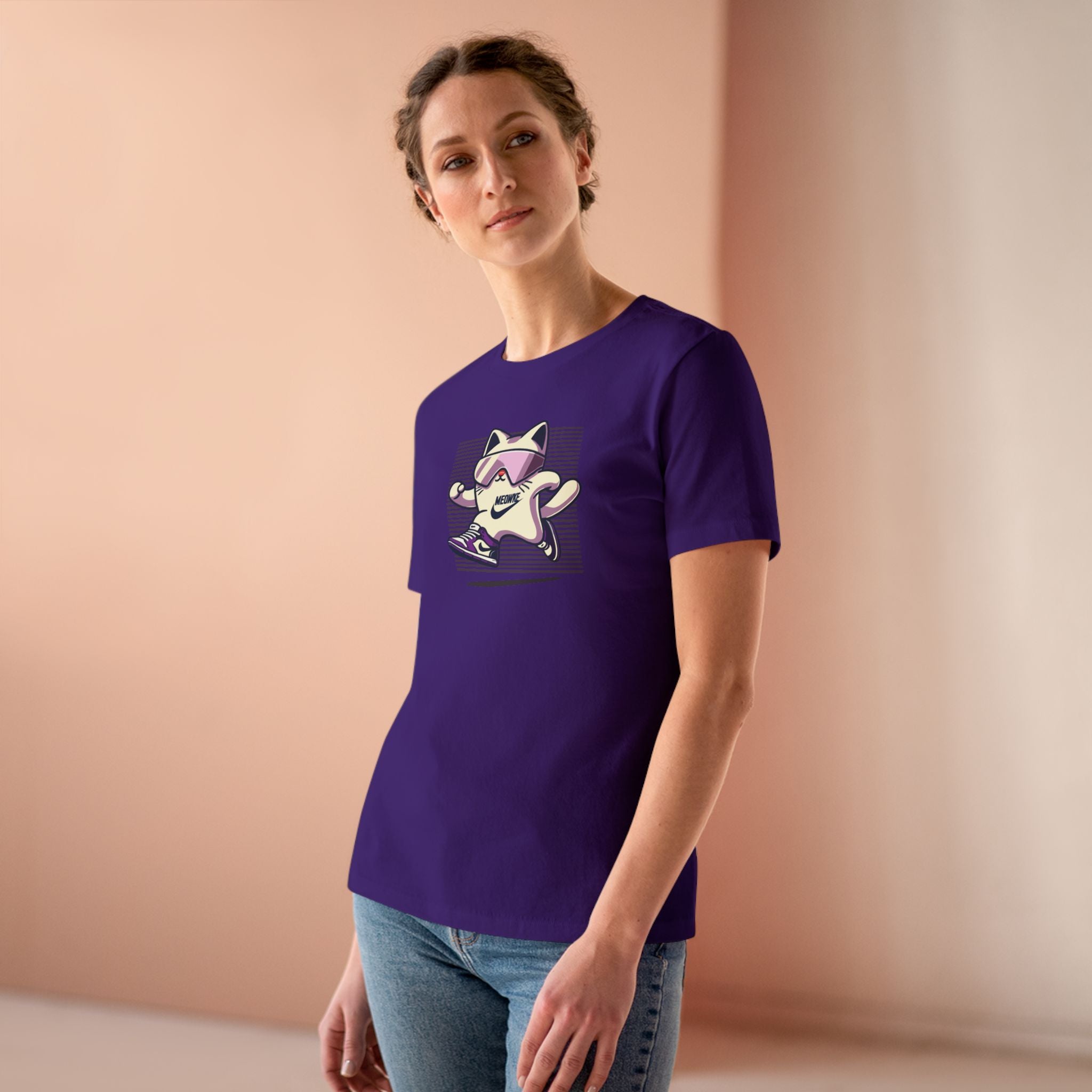 Meowke Cat Runner Graphic Women's T-Shirt in team purple, worn by a female model