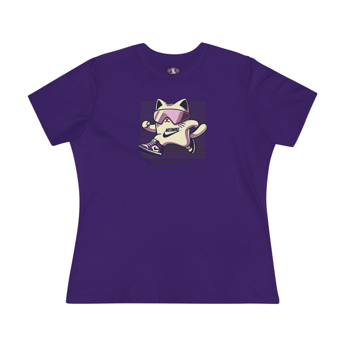 Meowke Cat Runner Graphic Women's T-Shirt in team purple, front view