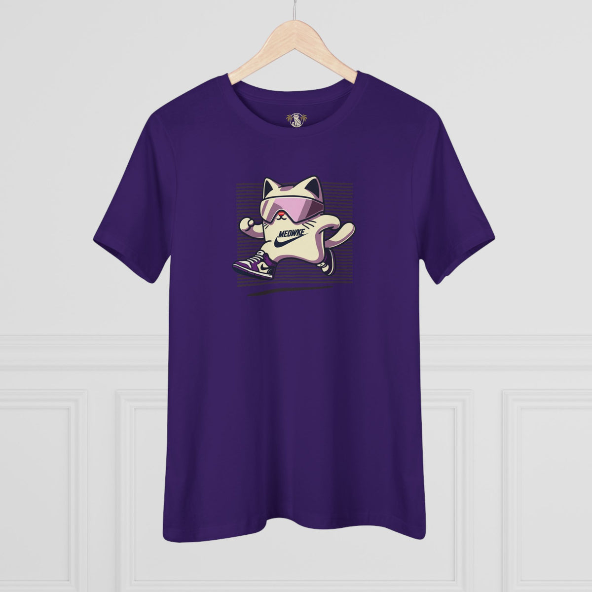 Meowke Cat Runner Graphic Women's T-Shirt in team purple, on a hanger