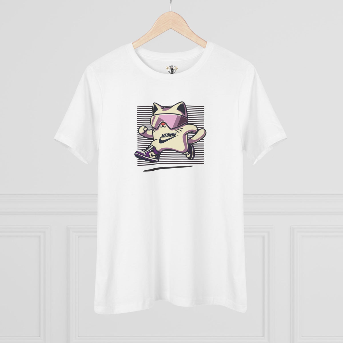 Meowke Cat Runner Graphic Women's T-Shirt in white, on a hanger