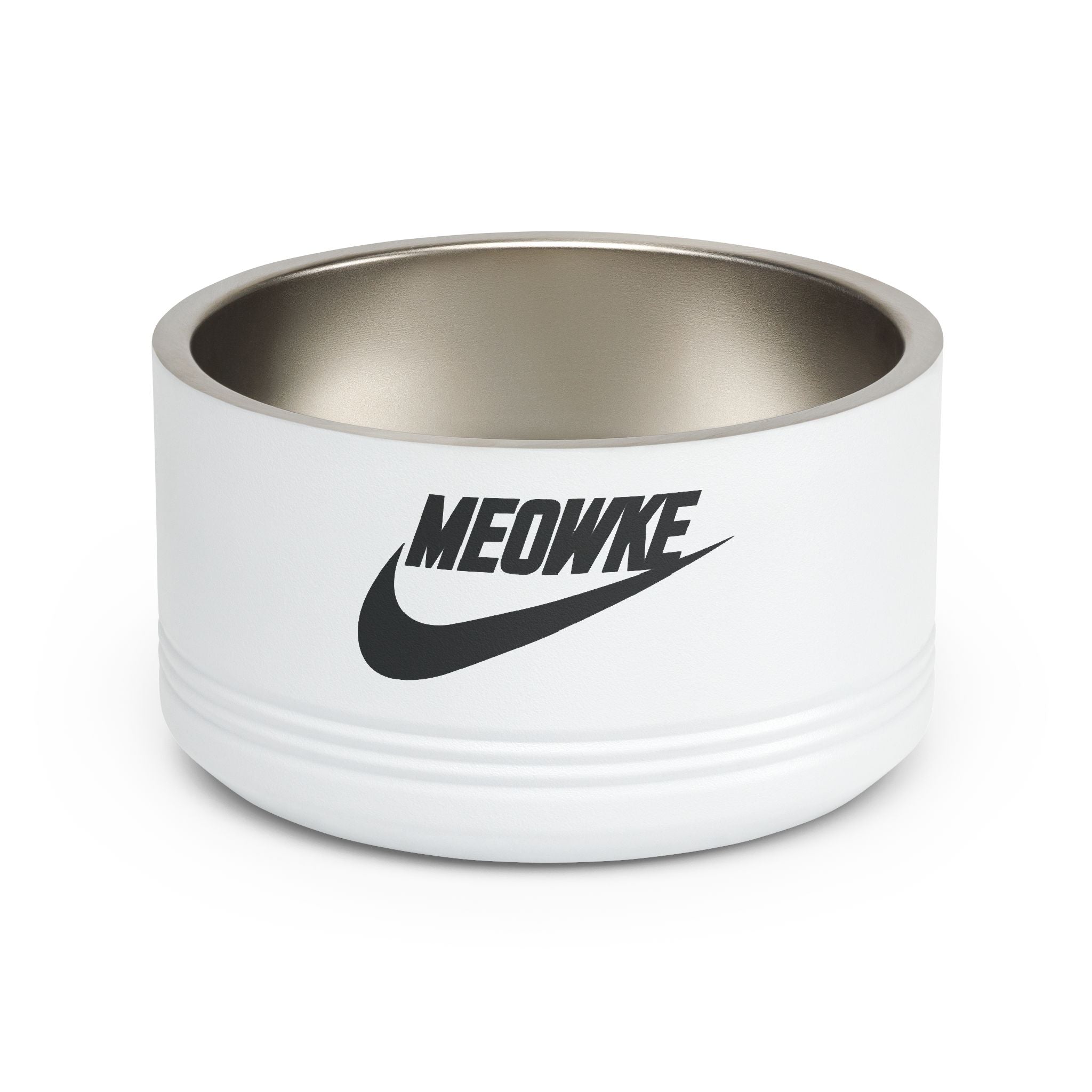 Meowke Logo Stainless Steel Cat Bowl in white, front view