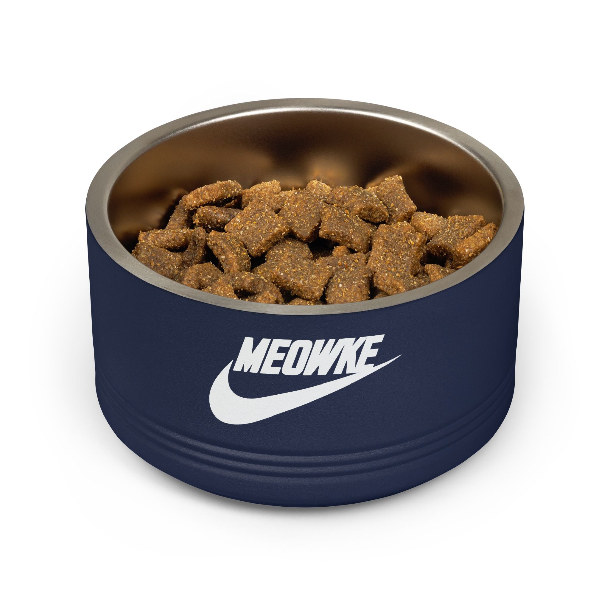Blue cat food bowl with Meowke logo filled with pet food on a white background