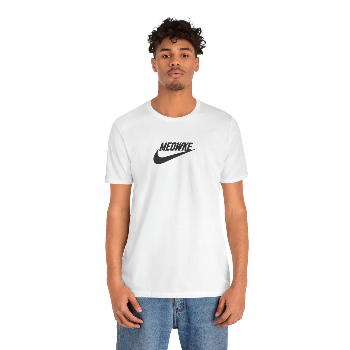 Meowke Essentials Chest Logo T-Shirt in white, worn by a male model