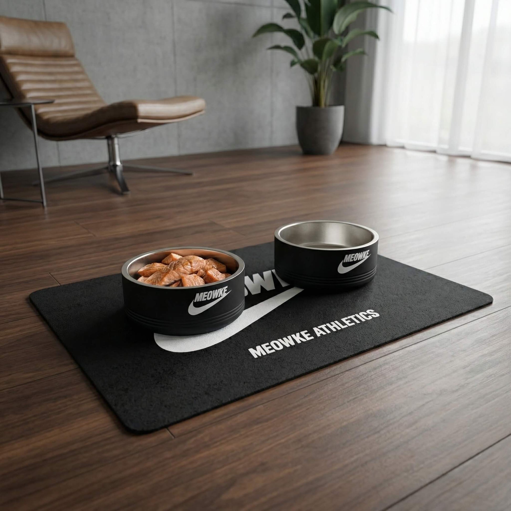 Black Meowke feeding station mat for cats with sporty branding and bowl setup