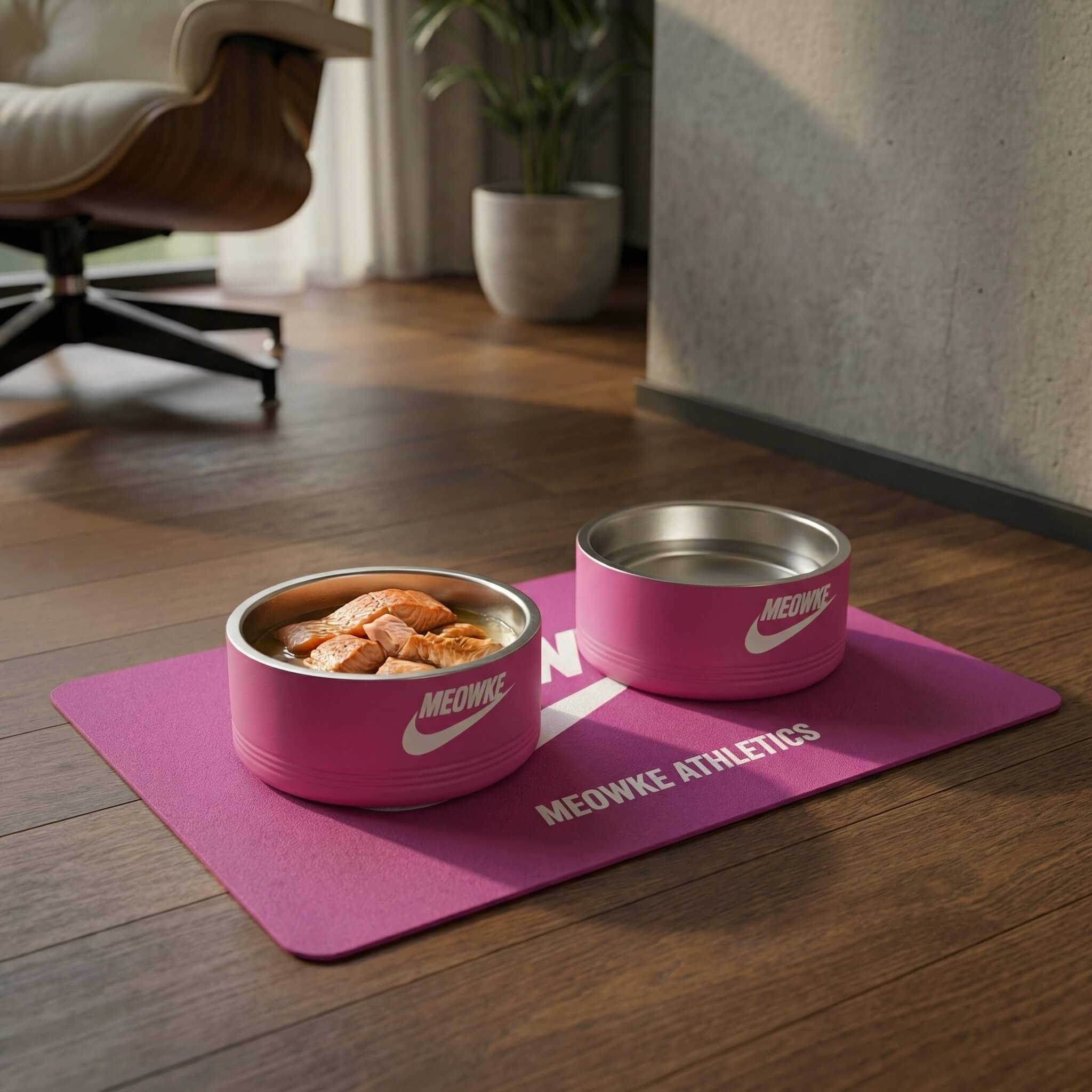 Meowke Logo Stainless Steel Cat Bowl in pink, on the Meowke Athletics Designer Cat Feeding Mat