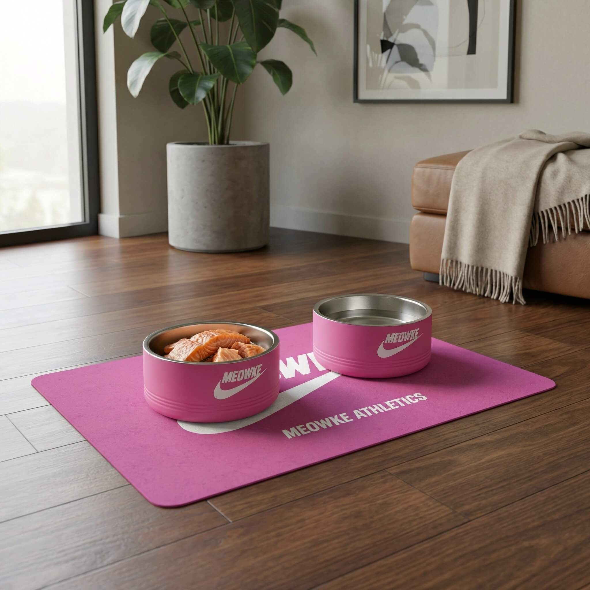 Pink cat bowl mat with Meowke Athletics branding and food bowls