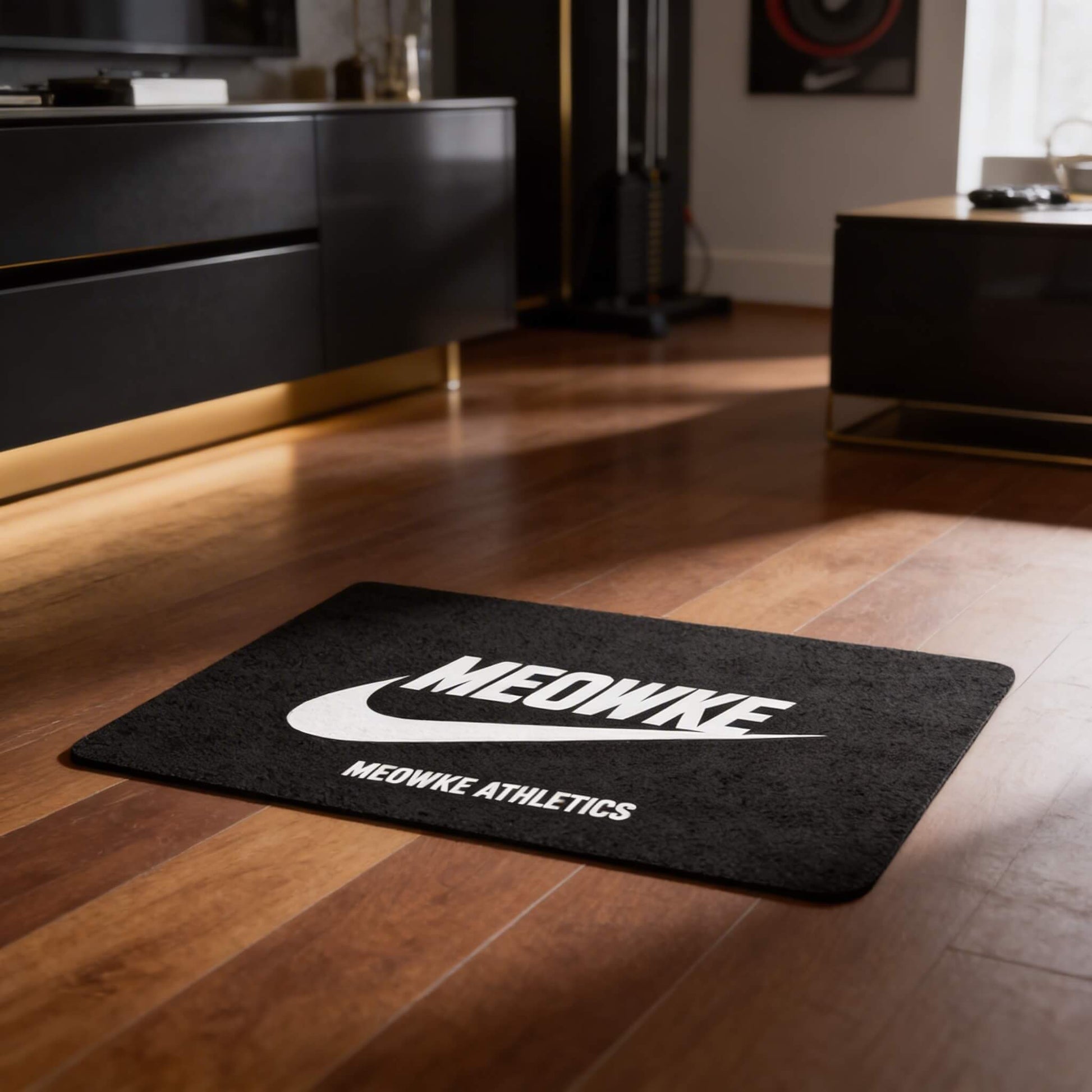 Meowke pet food mat with oversized white logo in a home feeding area