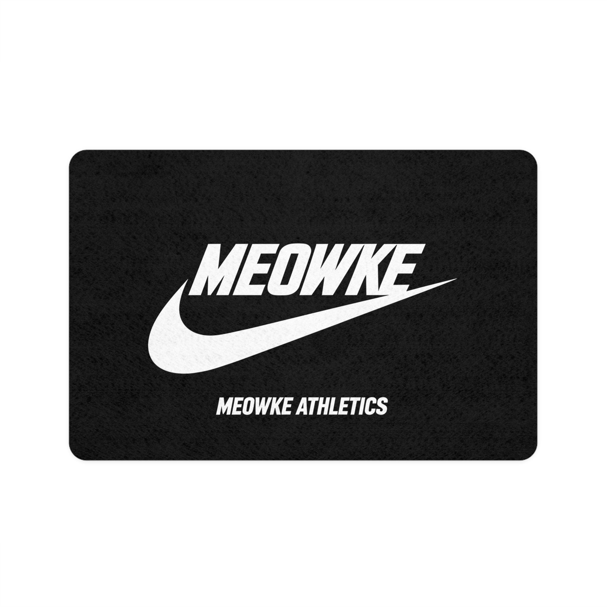 Meowke Athletics black pet feeding mat with bold white logo by Mad Cat Cartel