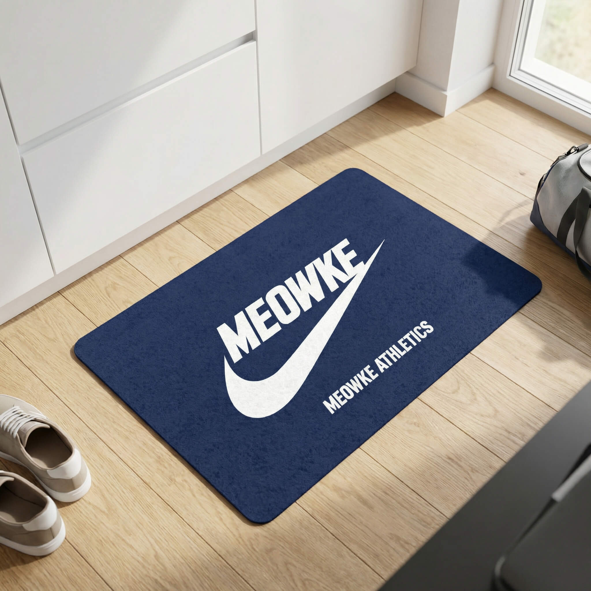 Meowke Athletics cat bowl mat in blue on a bright wood floor