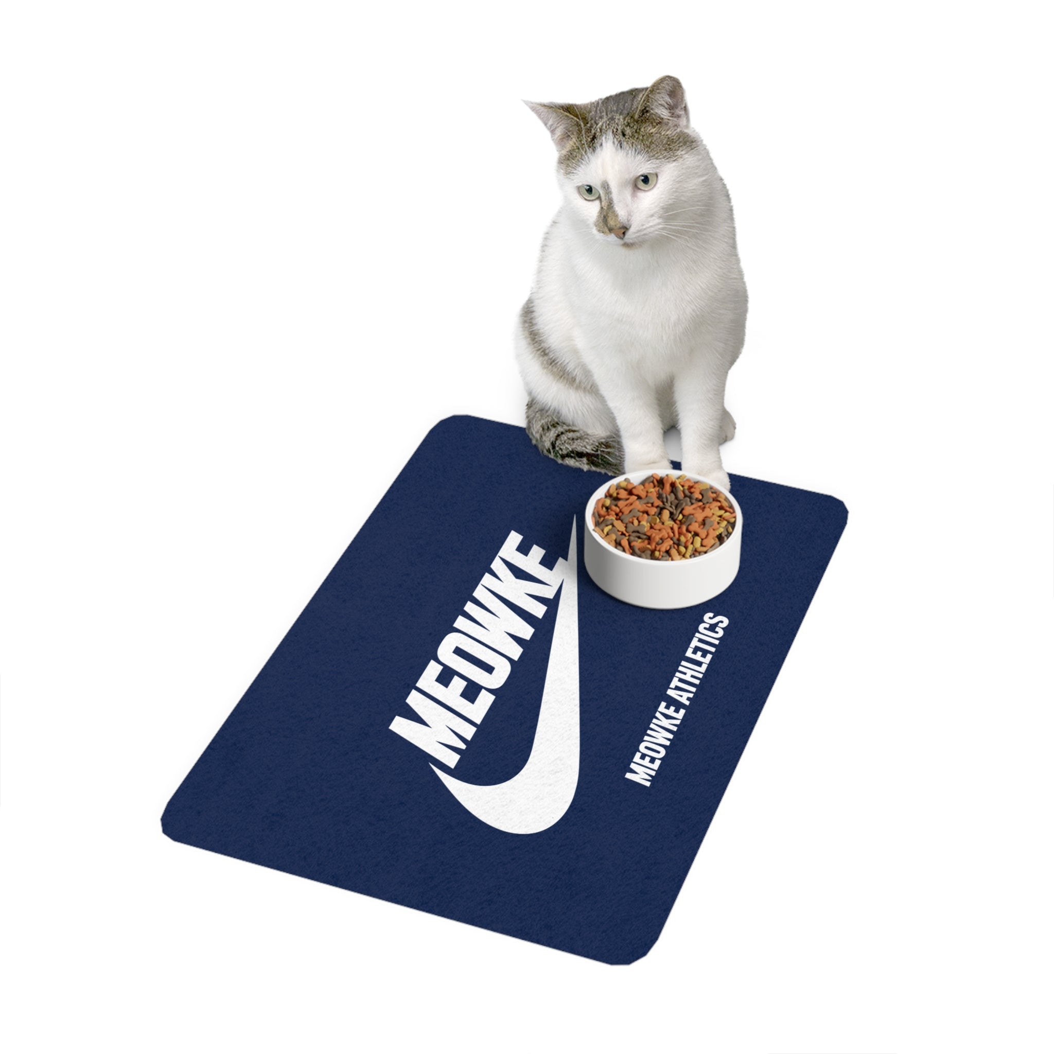Meowke blue cat food mat with seated cat and bowl on a sport inspired logo design