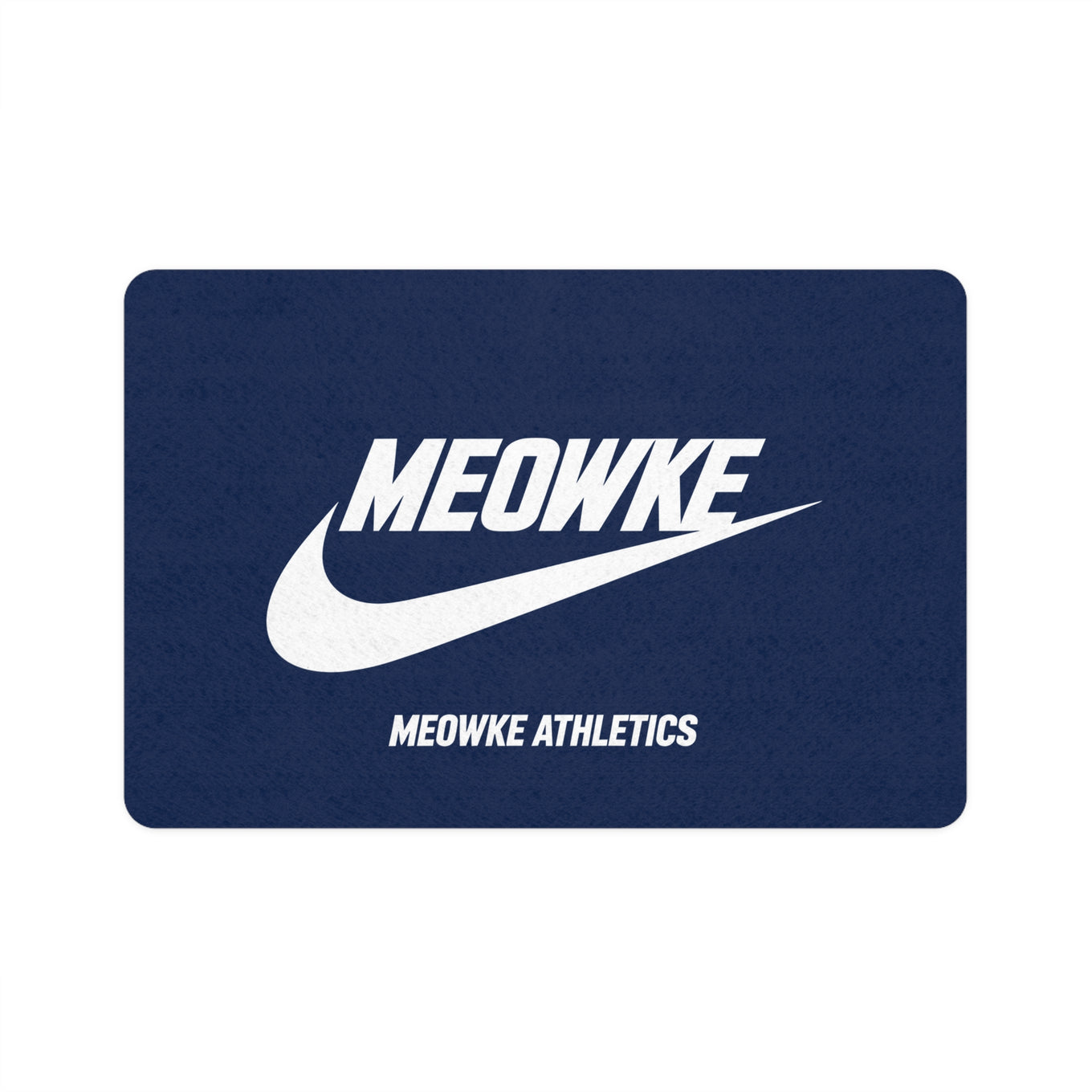 Meowke Athletics blue pet feeding mat with bold white logo by Mad Cat Cartel