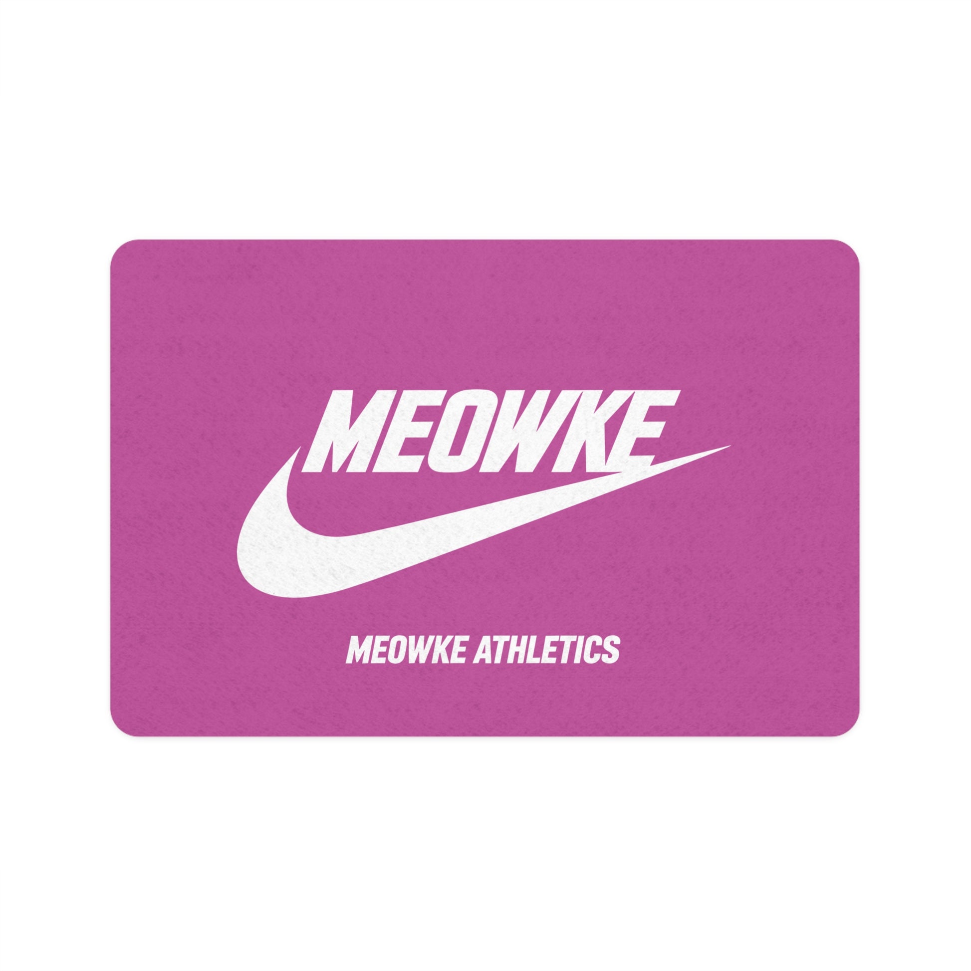 Meowke Athletics pink pet feeding mat with bold white logo by Mad Cat Cartel