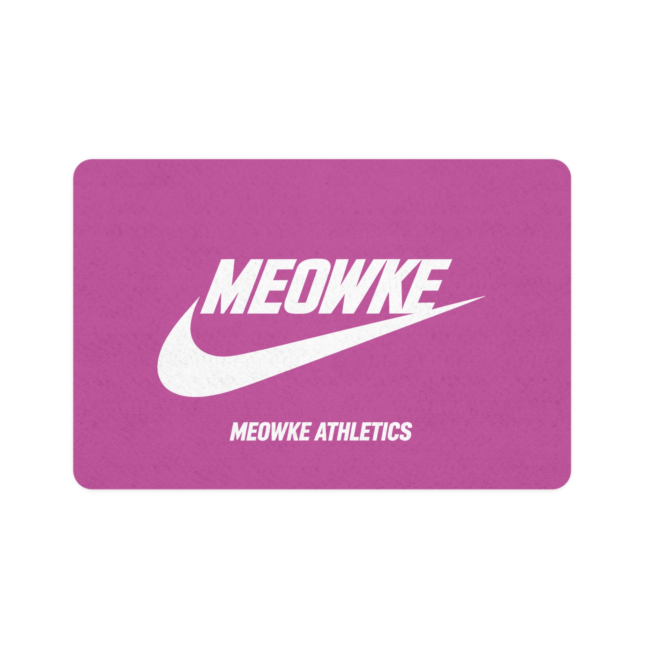Meowke Athletics pink pet feeding mat with bold white logo by Mad Cat Cartel