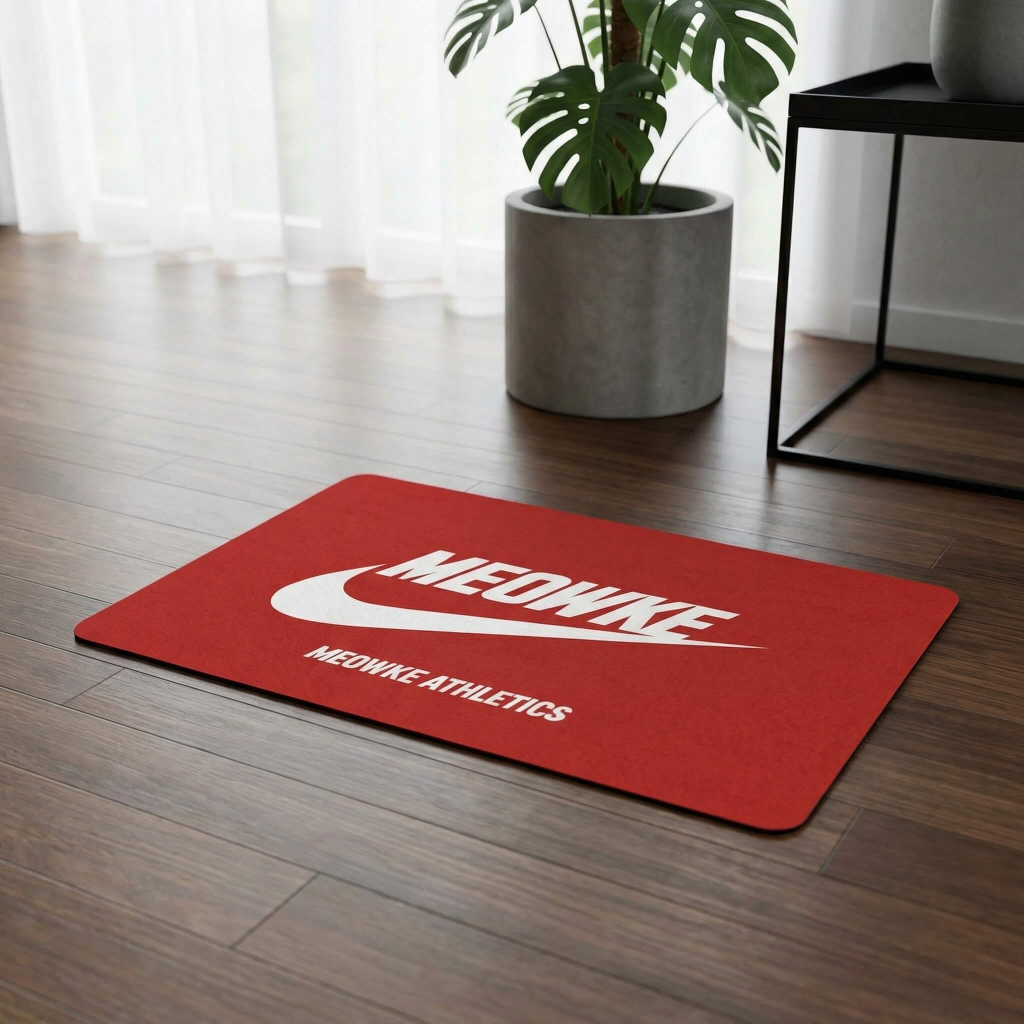 Meowke pet food mat in red with white logo by Mad Cat Cartel
