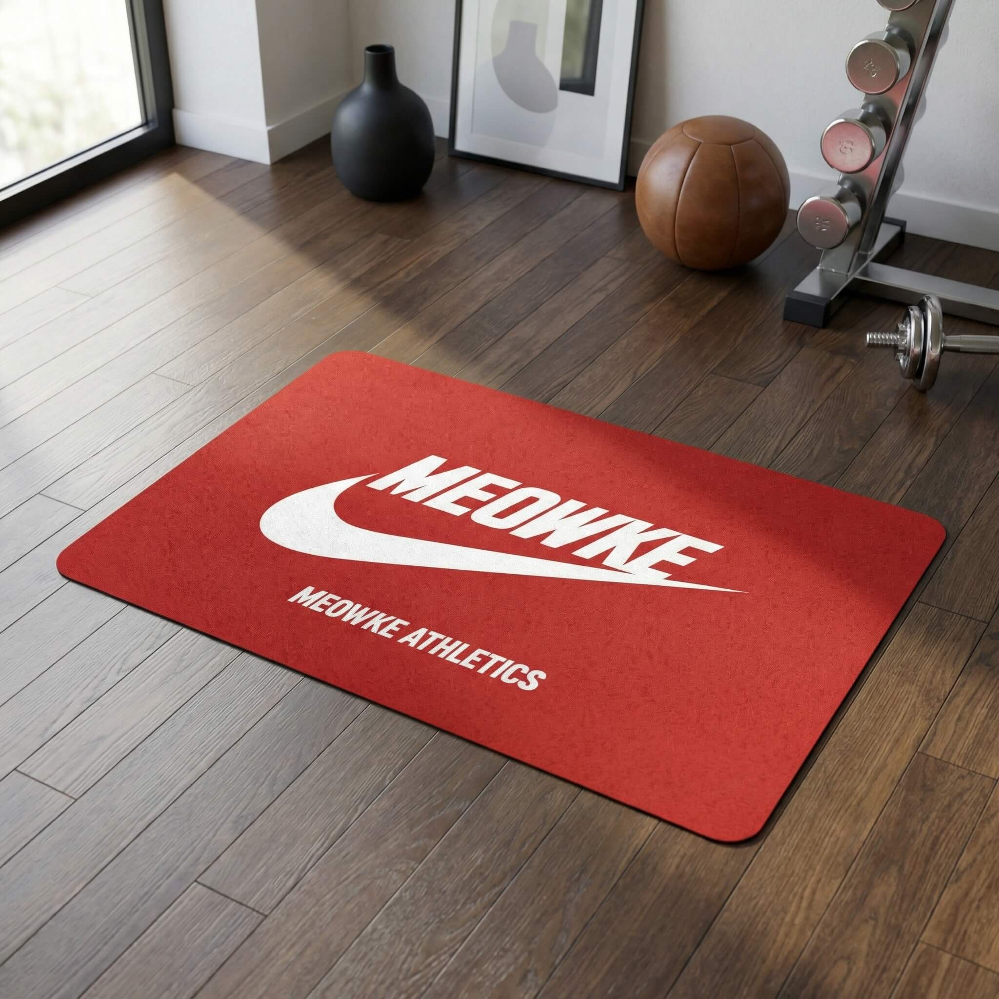Meowke cat food mat in red with white logo by Mad Cat Cartel