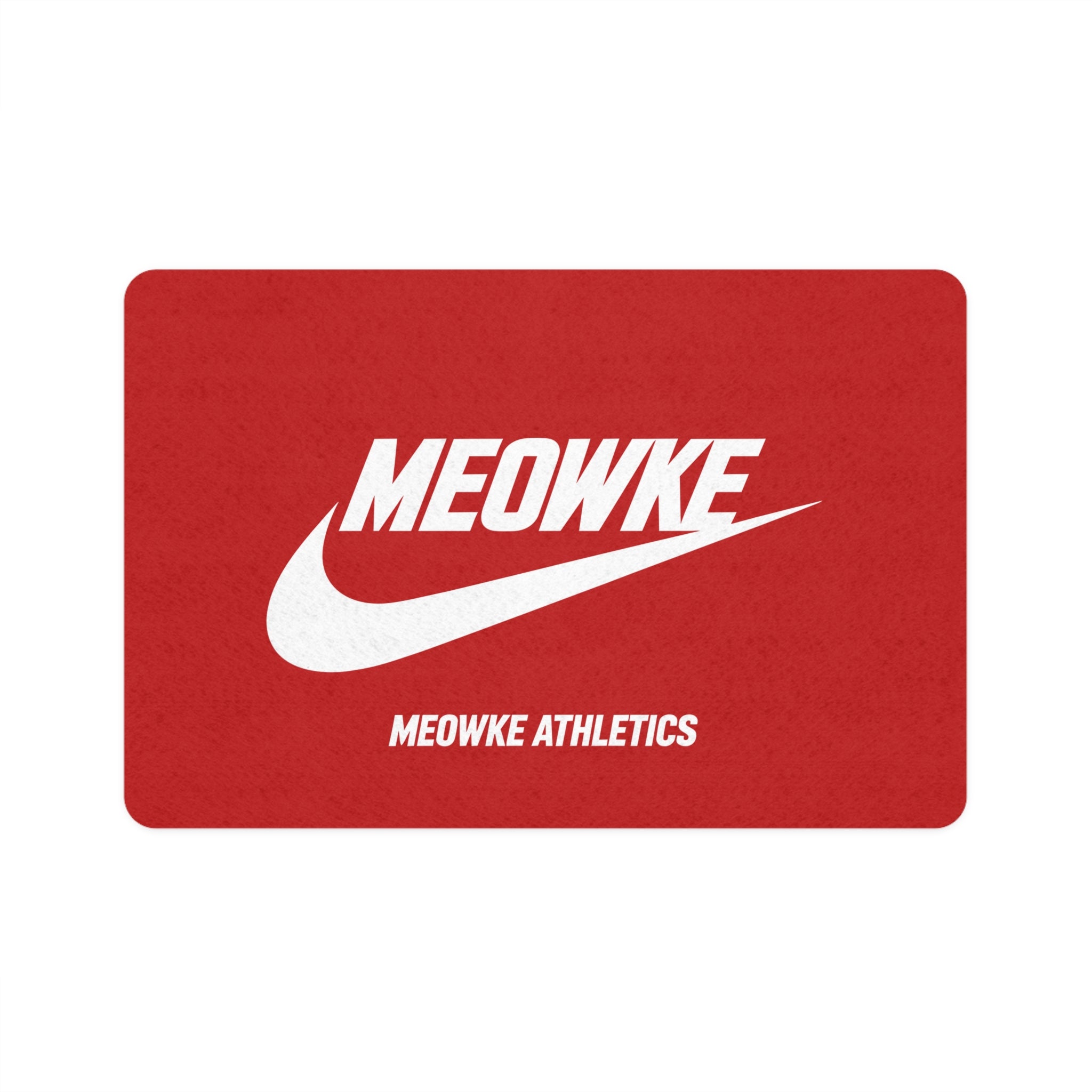 Meowke Athletics red pet feeding mat with bold white logo by Mad Cat Cartel