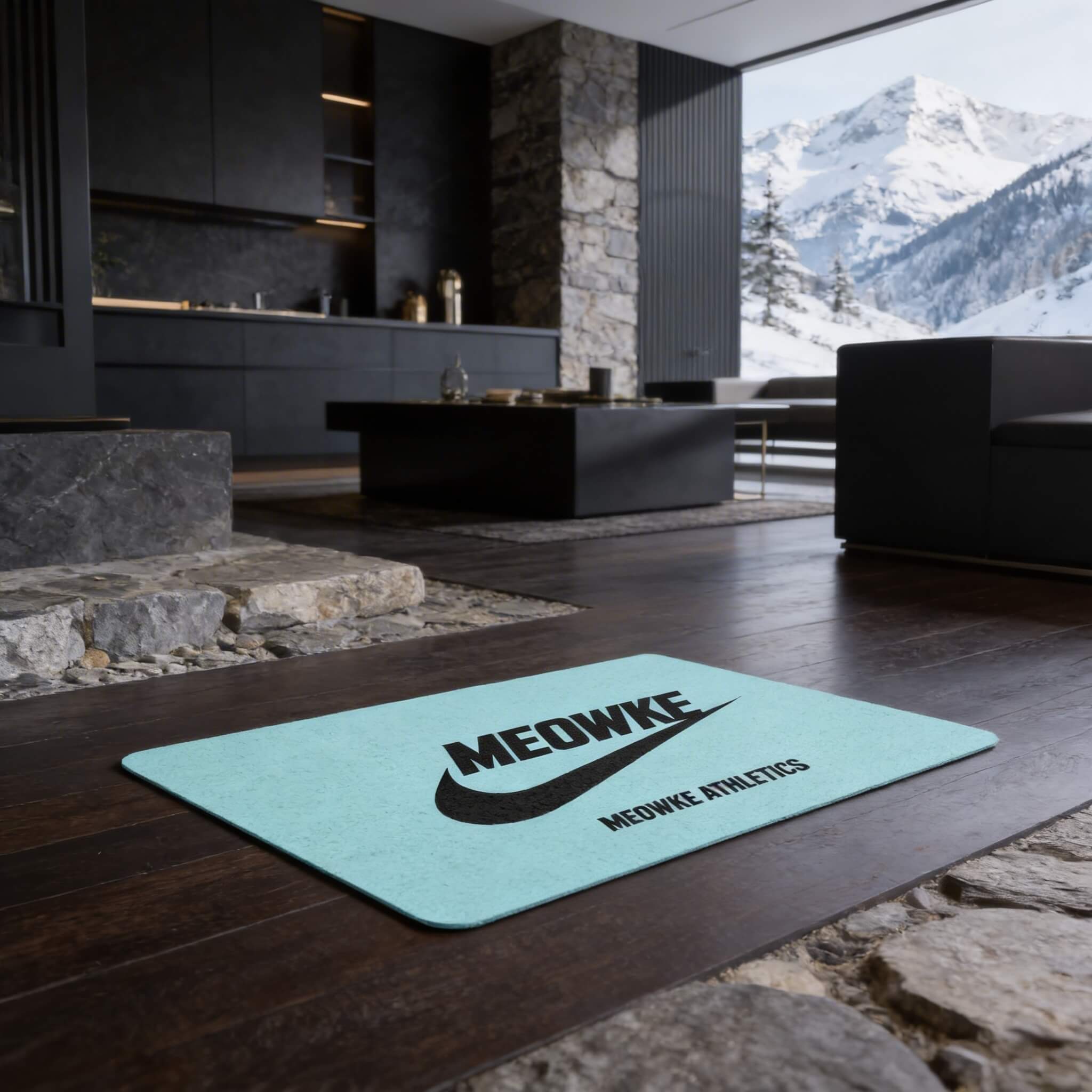 Teal cat feeding mat with Meowke logo in a modern interior with mountain view