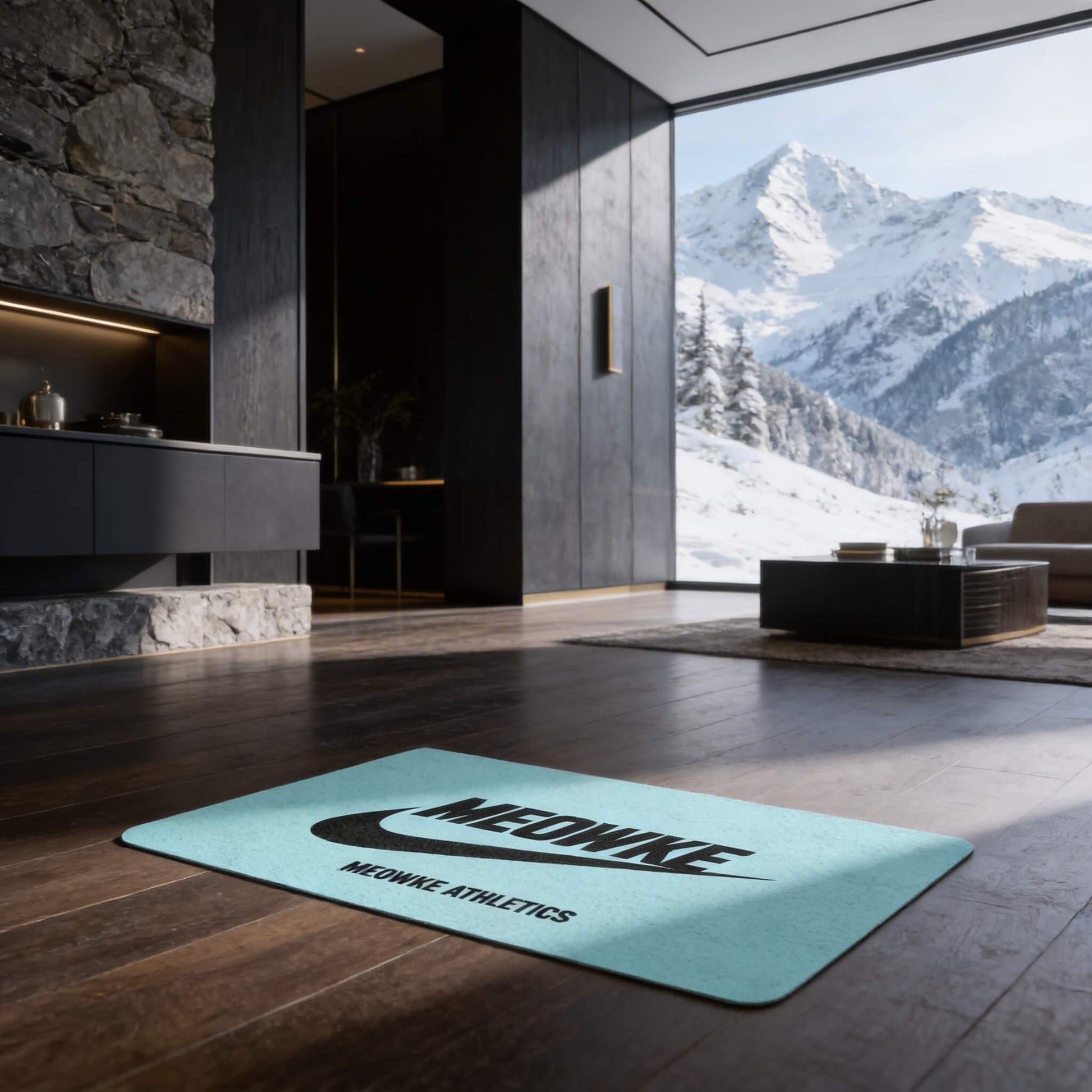 Meowke Athletics cat bowl mat in teal on dark wood floor in a sleek home setting