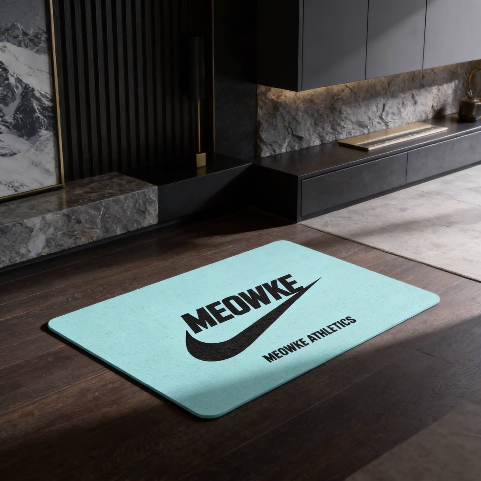 Teal Meowke feeding station mat for cats with sporty branding in a modern room