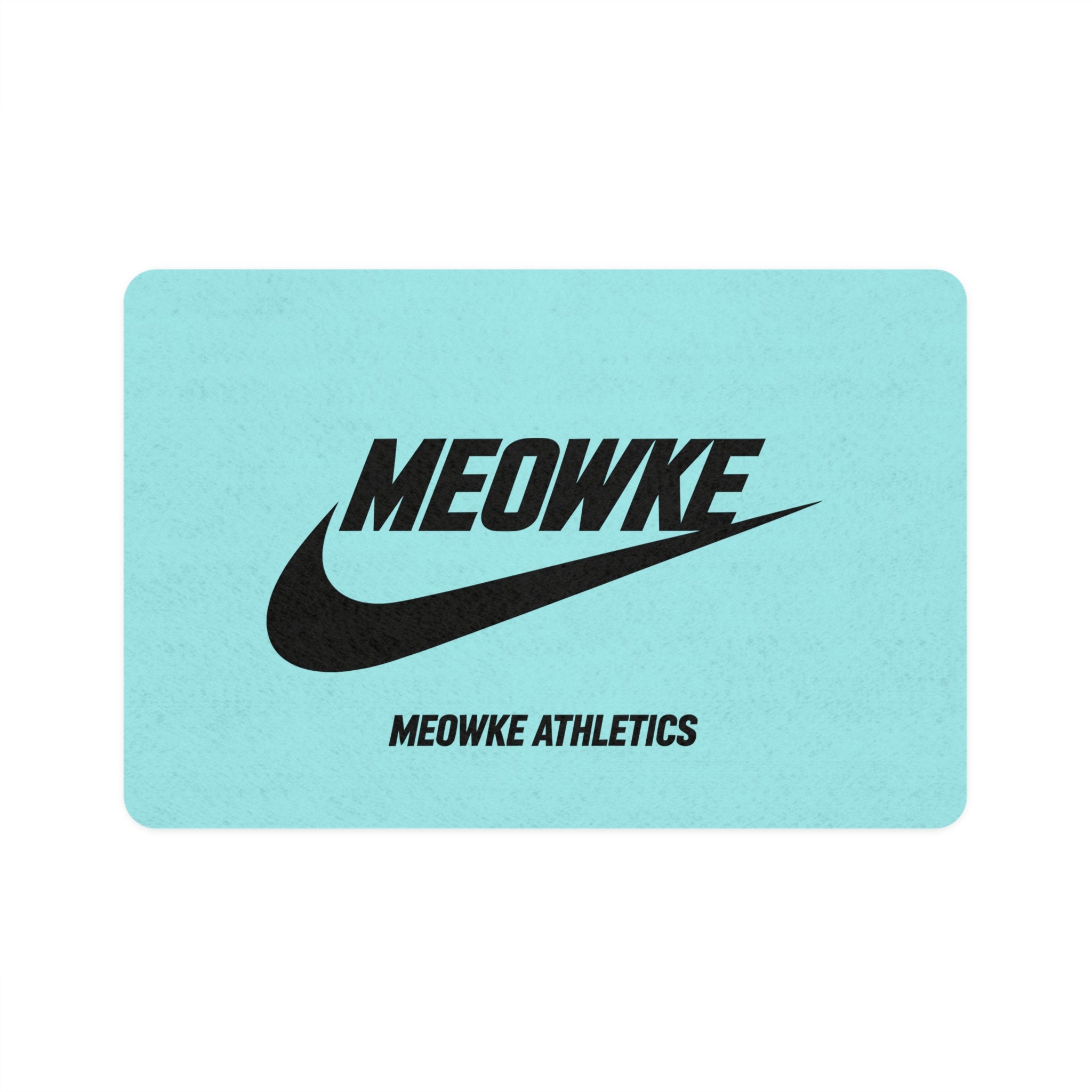 Meowke Athletics teal pet feeding mat with bold black logo by Mad Cat Cartel