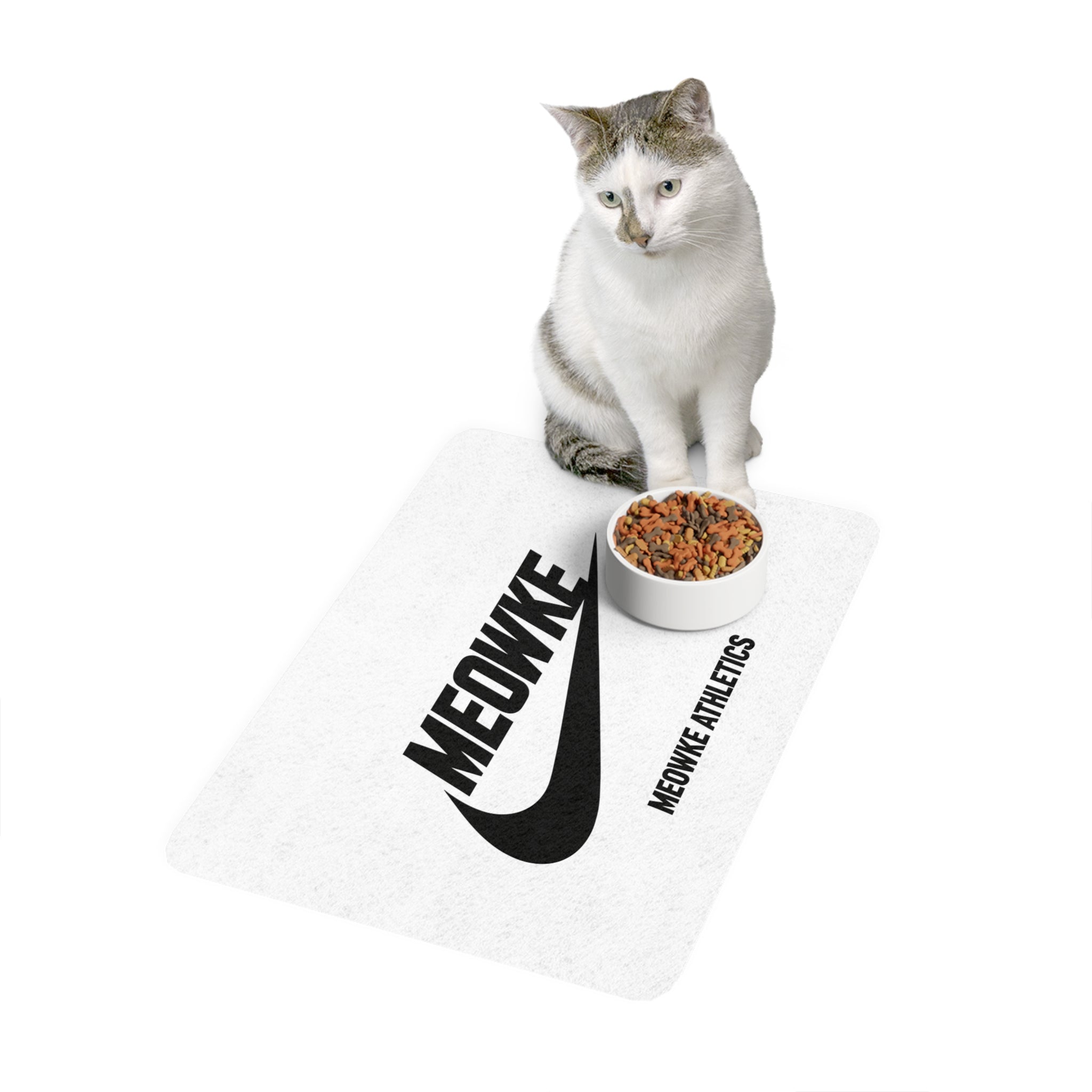 Meowke white cat food mat with seated cat and bowl on a sport inspired logo layout
