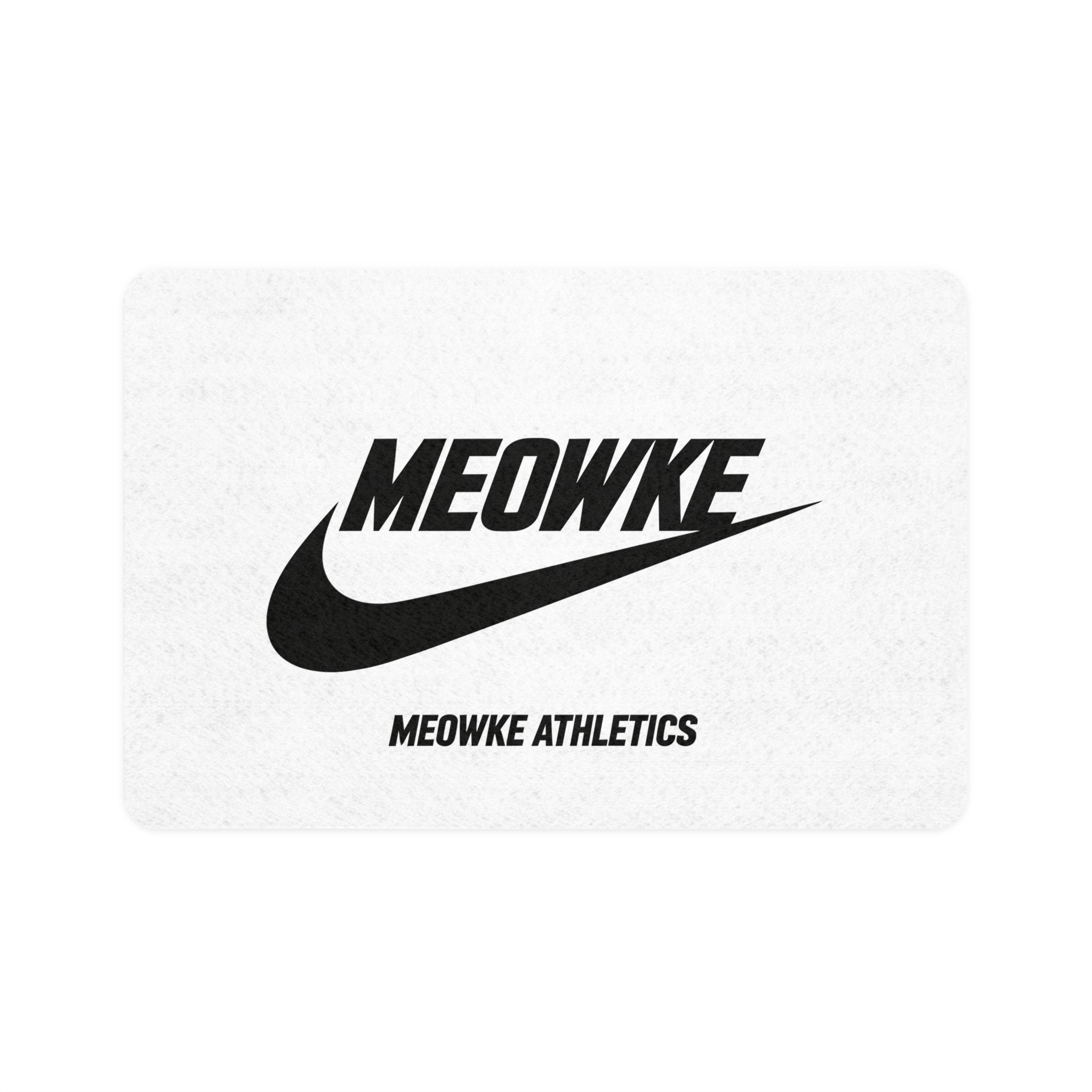 Meowke Athletics white pet feeding mat with bold black logo by Mad Cat Cartel
