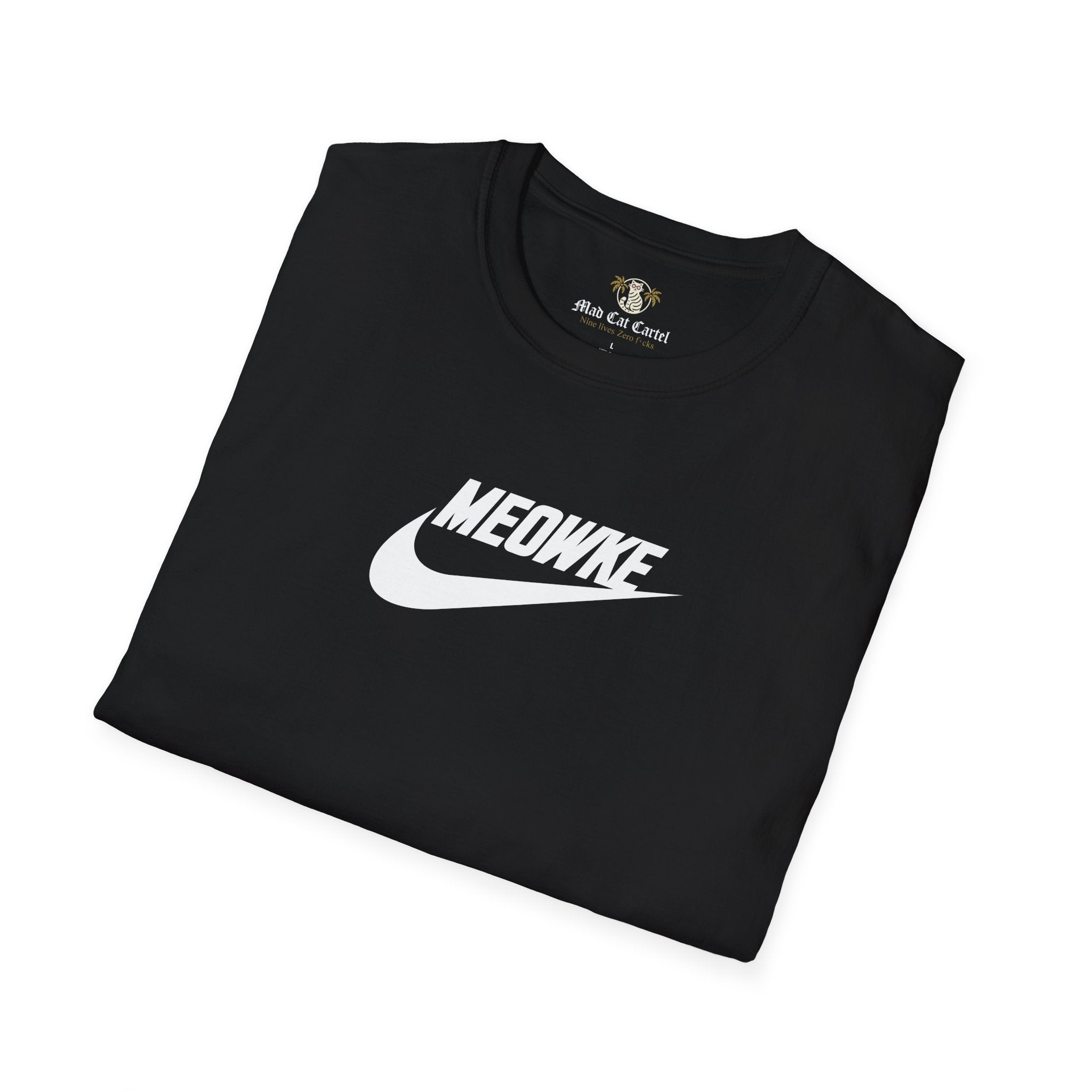 Meowke Quartercat All-Star Helmet Graphic T-Shirt in black, folded